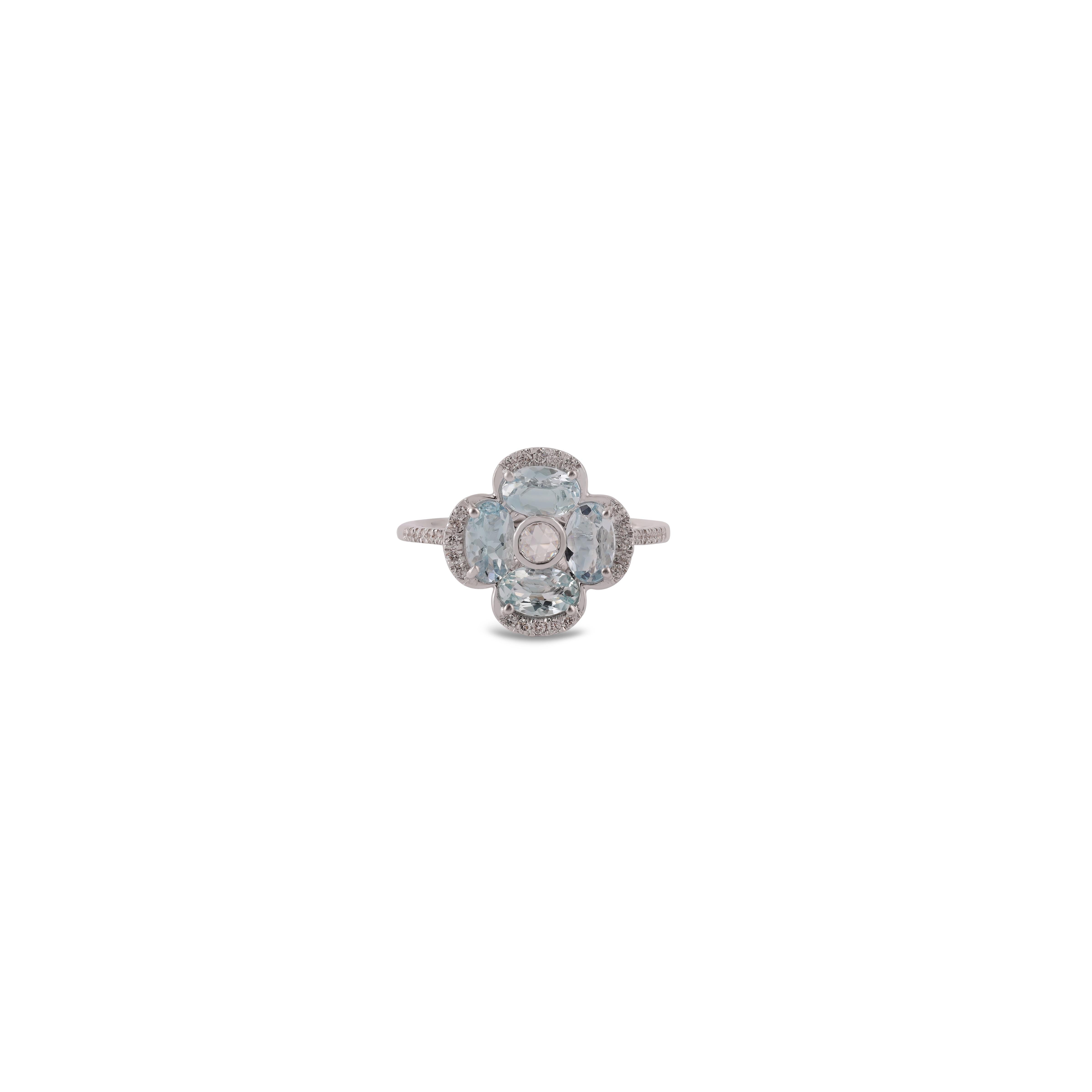 This is an elegant Aquamarine & diamond ring studded in 18k White gold features a fine quality of Oval-shaped Aquamarine 1.08 carats with 1 Diamond 0.05 carats, Diamond 0.19 Carat this entire ring is made in 18k White gold weight 3.06 grams, it is a