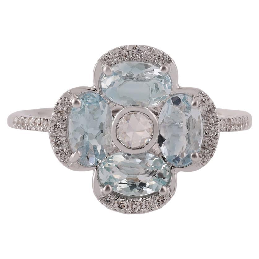 Natural Aquamarine Four-Stone Flower Ring in 18k White Gold For Sale