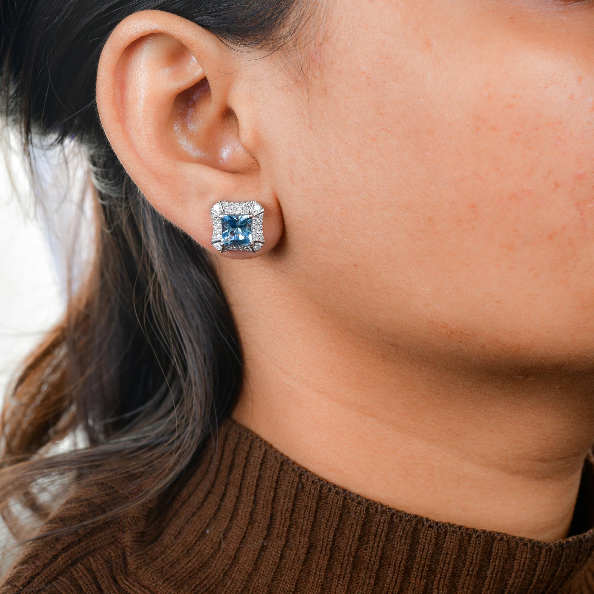 Cushion Cut Natural Aquamarine Gemstone Stud Earrings Diamond 14 Karat White Gold Jewelry For Sale