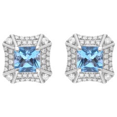 Natural Aquamarine Gemstone Stud Earrings Diamond 14 Karat White Gold Jewelry