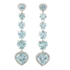 Natural Aquamarine Heart Cascade Earrings, 18K White Gold