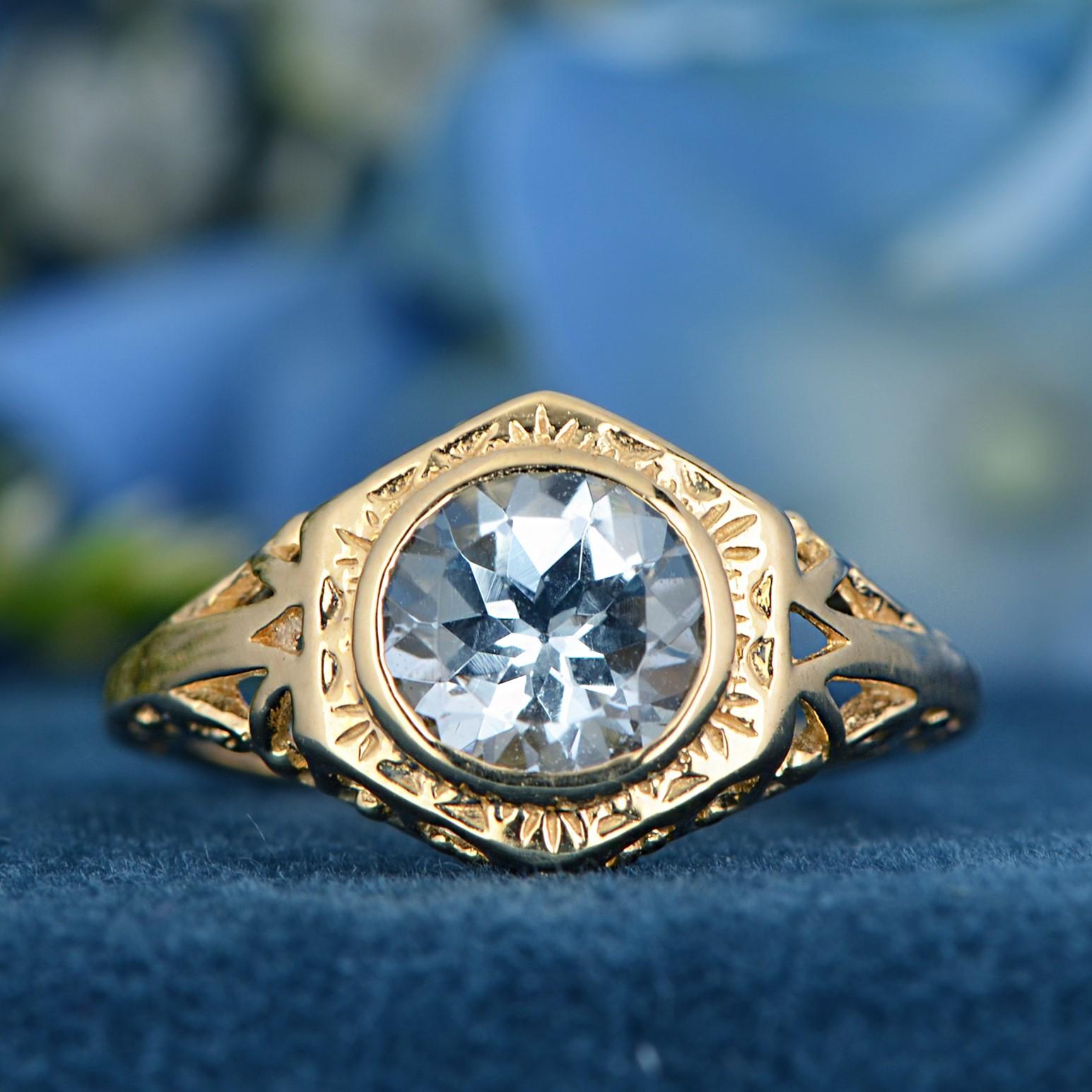 Natural Aquamarine Hexagon Shape Vintage Style Filigree Ring in Solid 9K Gold 2