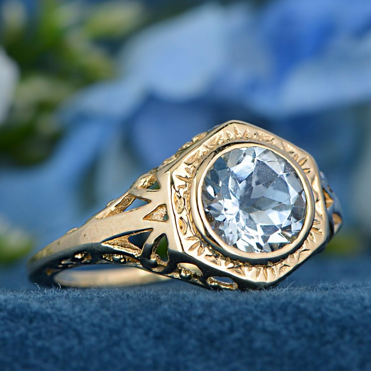 Natural Aquamarine Hexagon Shape Vintage Style Filigree Ring in Solid 9K Gold 3