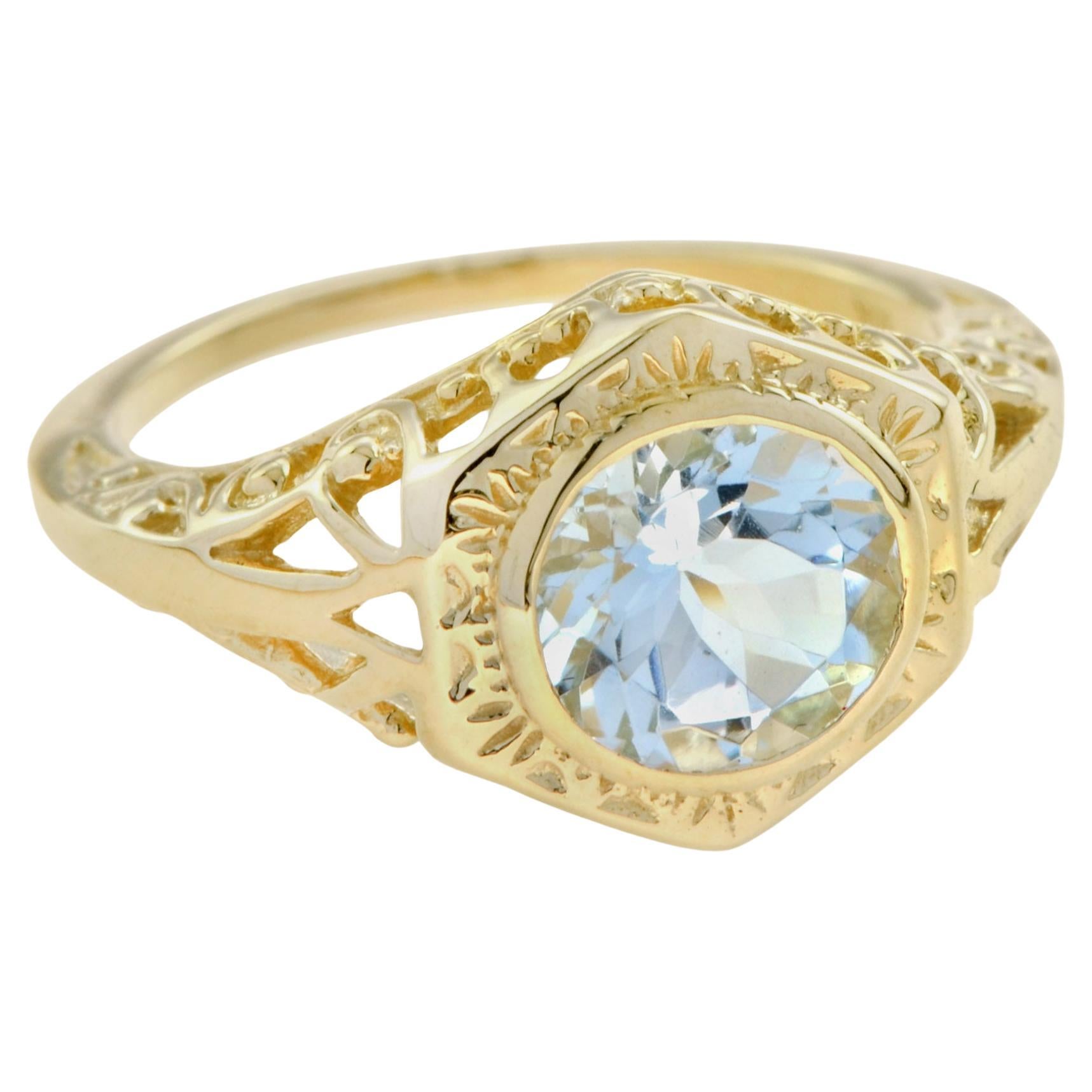 For Sale:  Natural Aquamarine Hexagon Shape Vintage Style Filigree Ring in Solid 9K Gold