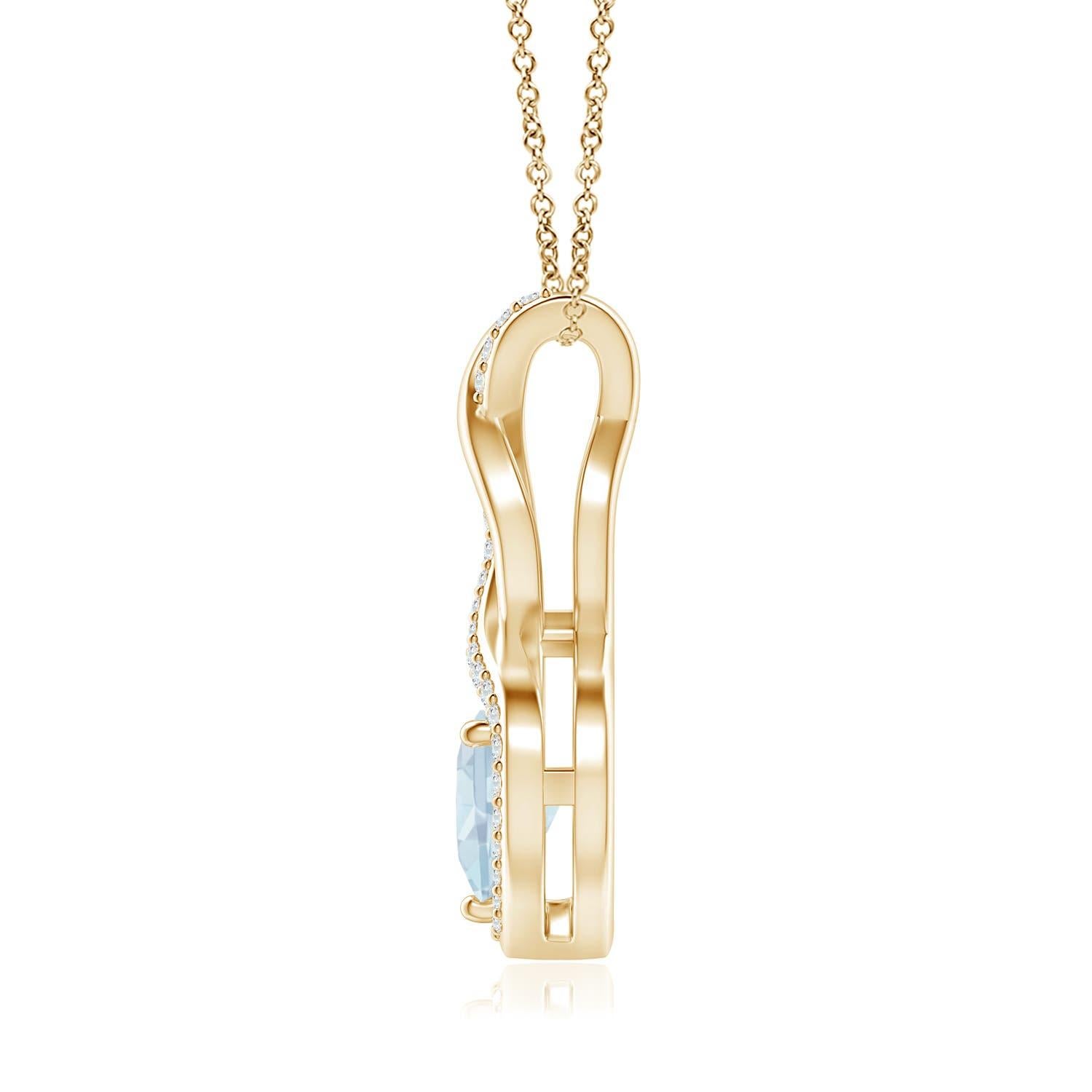 A diamond studded strip entwines with a lustrous metal strip to form an ornate infinity. Floating amid the graceful infinity is an icy blue heart-shaped aquamarine in a prong setting. The sparkling diamonds infuse a captivating edge to this 14k