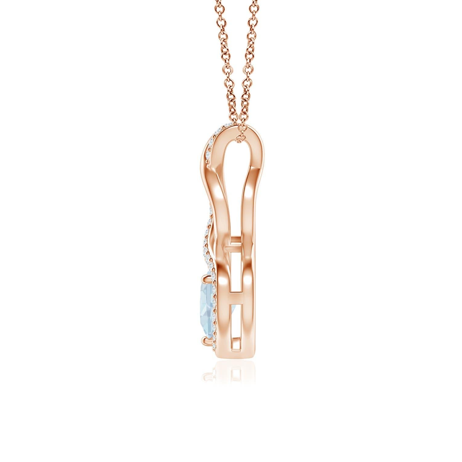 A diamond studded strip entwines with a lustrous metal strip to form an ornate infinity. Floating amid the graceful infinity is an icy blue heart-shaped aquamarine in a prong setting. The sparkling diamonds infuse a captivating edge to this 18k rose