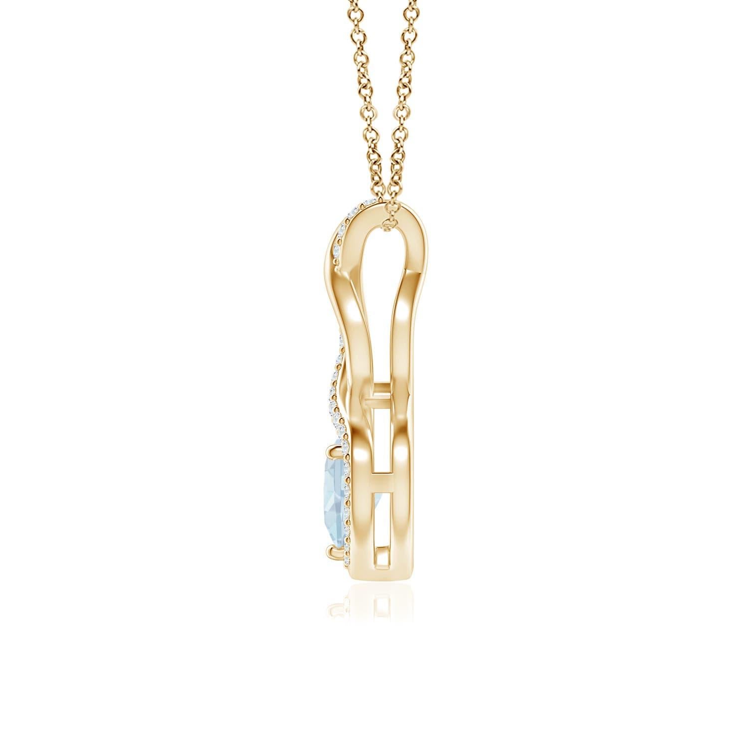 A diamond studded strip entwines with a lustrous metal strip to form an ornate infinity. Floating amid the graceful infinity is an icy blue heart-shaped aquamarine in a prong setting. The sparkling diamonds infuse a captivating edge to this 18k