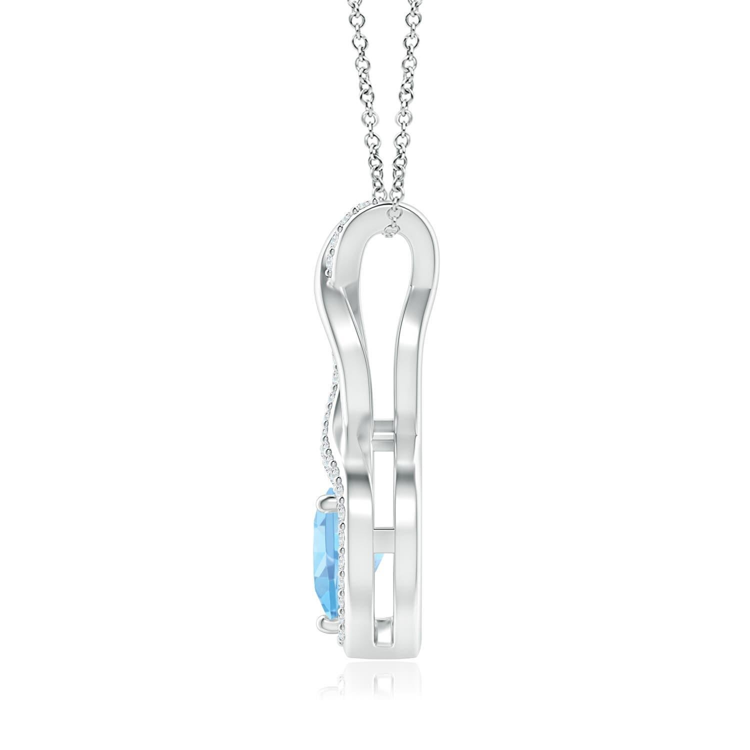 A diamond studded strip entwines with a lustrous metal strip to form an ornate infinity. Floating amid the graceful infinity is an icy blue heart-shaped aquamarine in a prong setting. The sparkling diamonds infuse a captivating edge to this silver