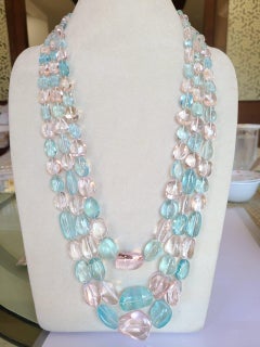 Natural Aquamarine & Morganite Beaded Three Strand Necklace