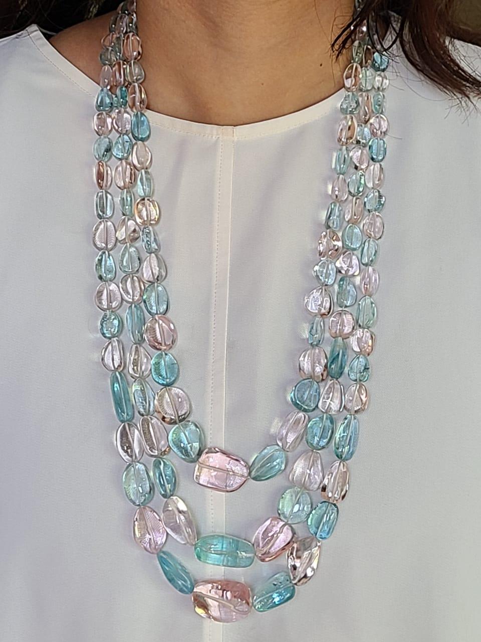 Anglo-Indian Natural Aquamarine & Morganite Beaded Three Strand Necklace For Sale