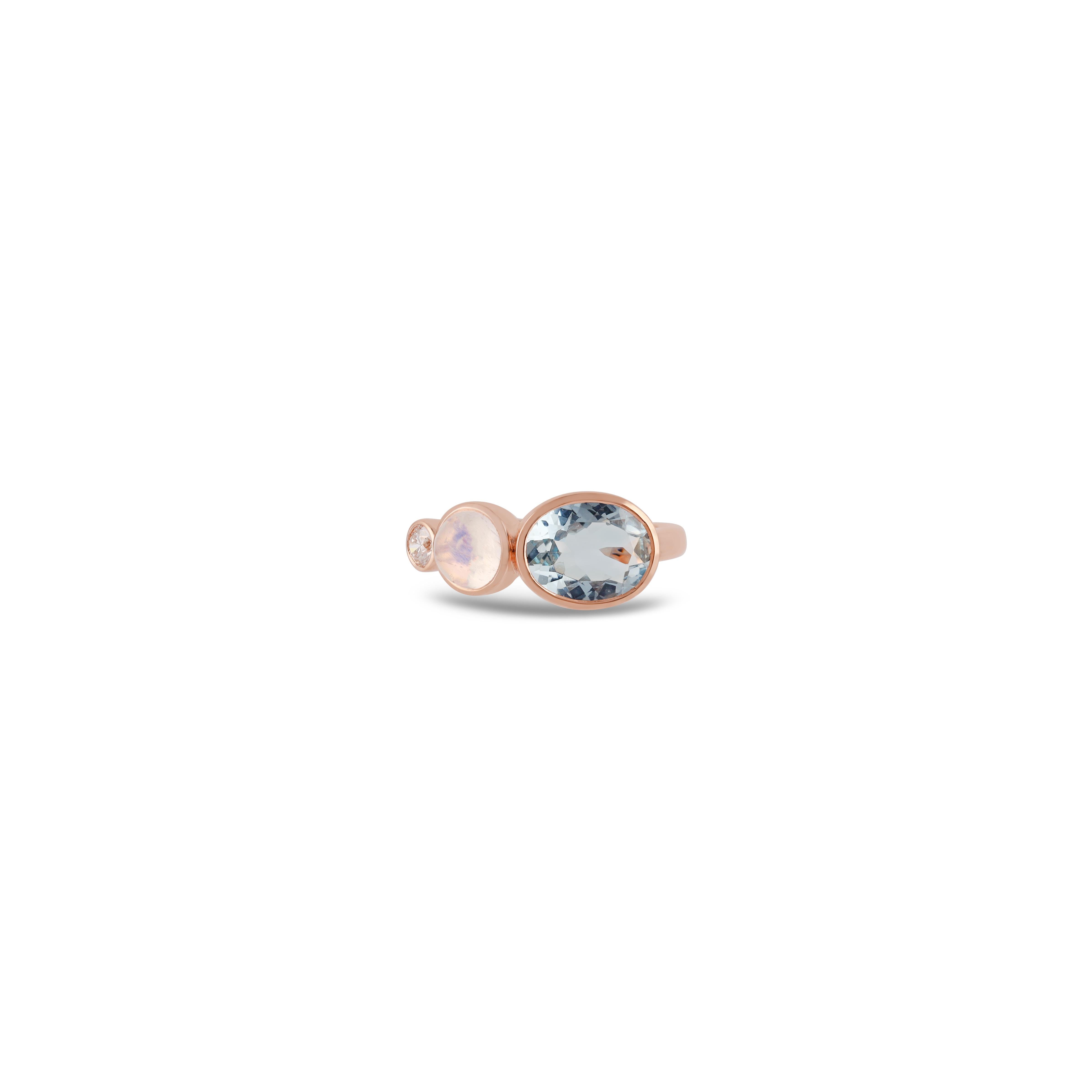 This is an elegant Aquamarine & Multi Stones ring studded in 18k Rose gold features a fine quality of Oval-shaped Aquamarine 1.87 carats with 1 Diamond 0.13 carats, Multi Stone  1.02 Carat this entire ring is made in 18k Rose gold, it is a classic