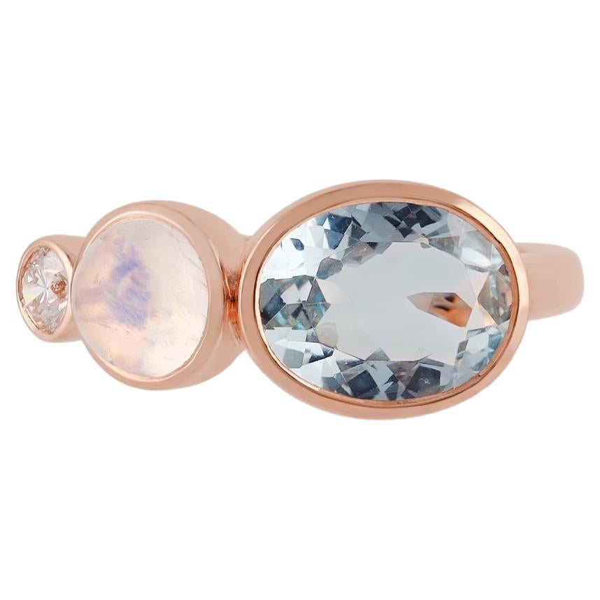 Natural Aquamarine & Multi Stones Ring in 18k Rose Gold For Sale