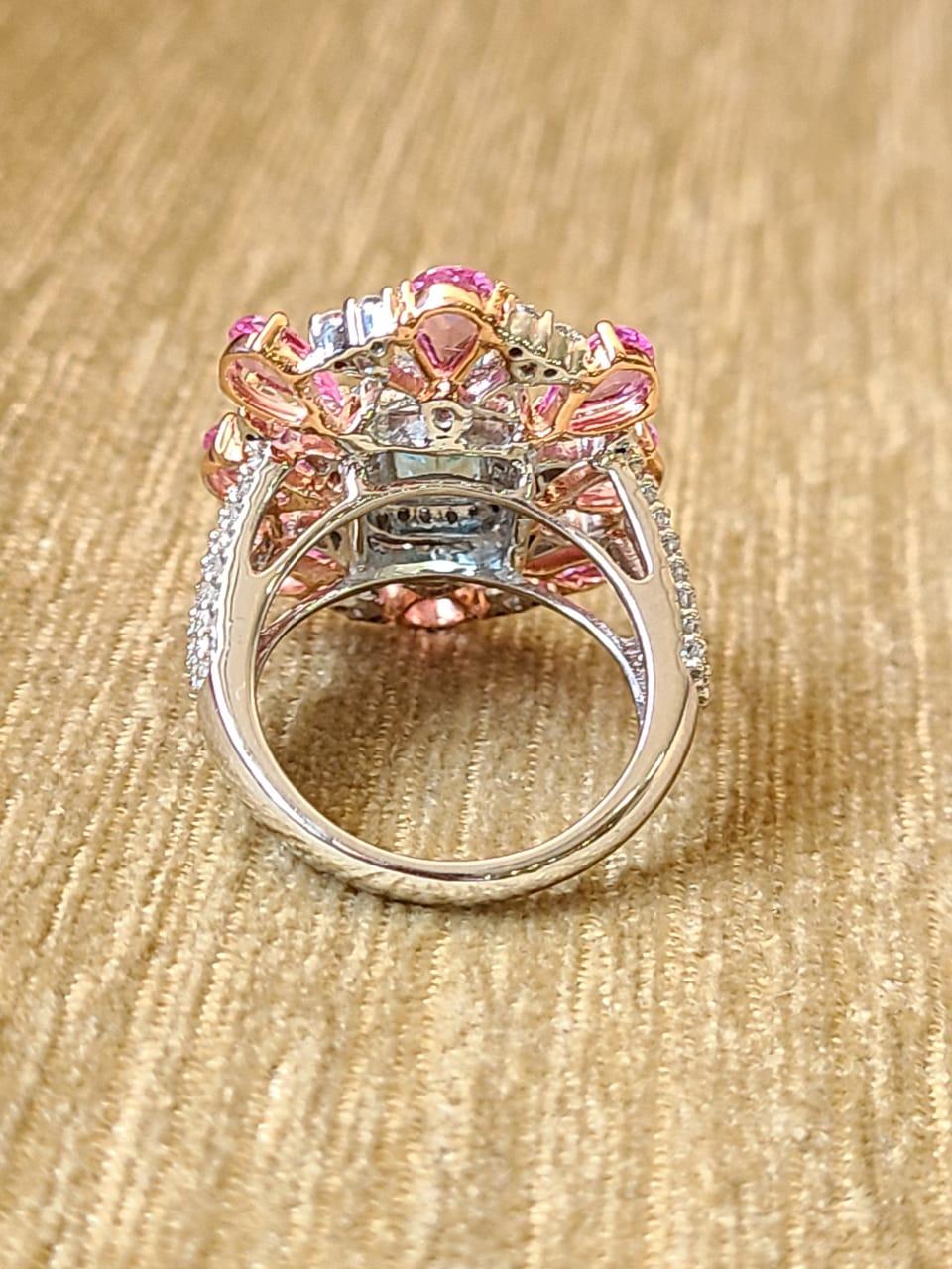 Modern Natural Aquamarine, Pink Sapphires & Diamonds Cocktail Ring Set in 18K Gold