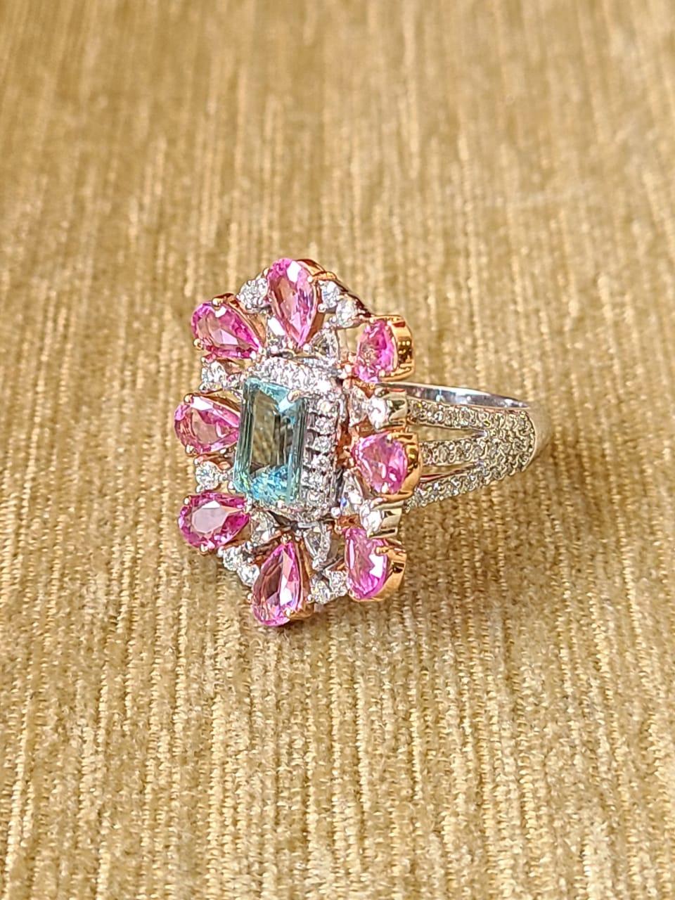 Pear Cut Natural Aquamarine, Pink Sapphires & Diamonds Cocktail Ring Set in 18K Gold