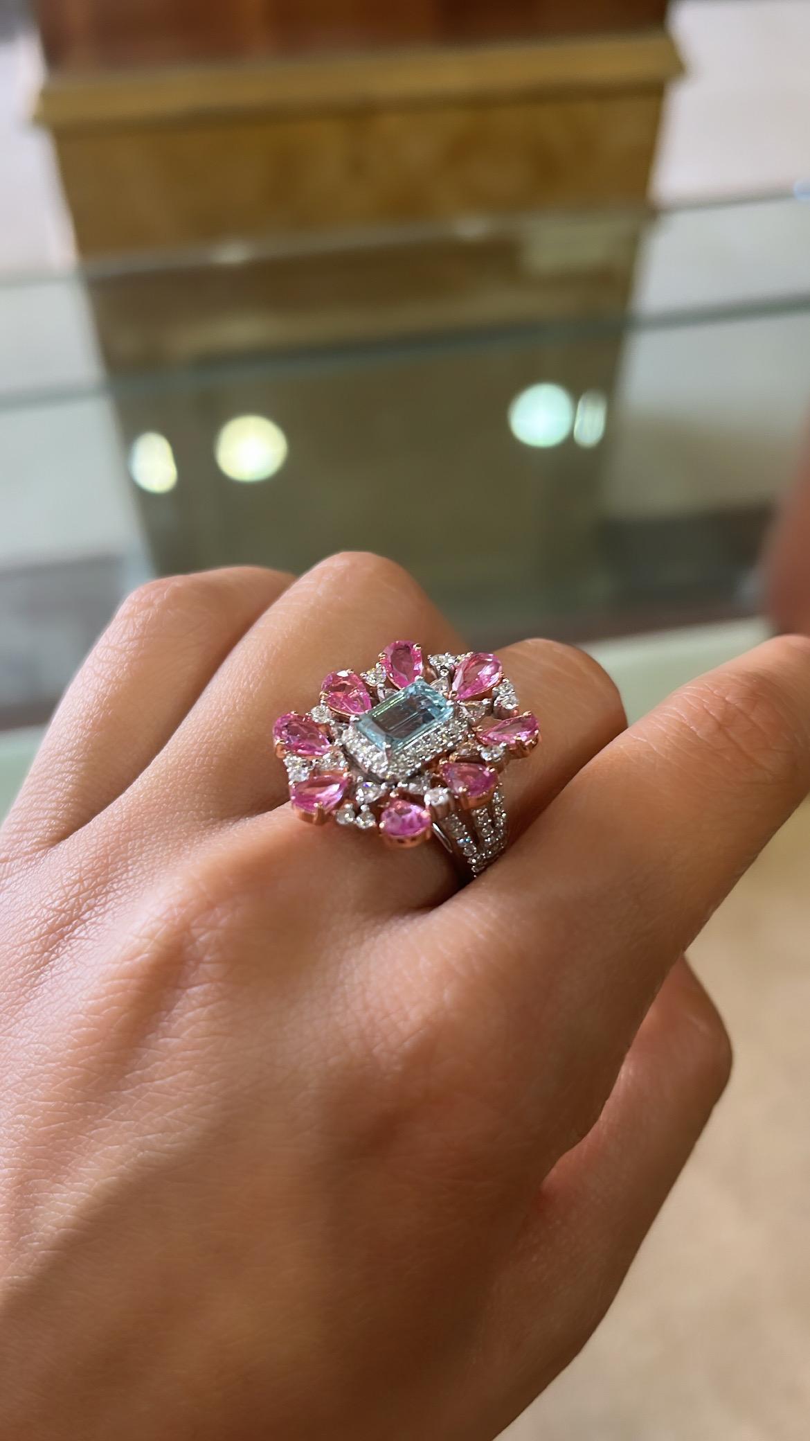 Women's or Men's Natural Aquamarine, Pink Sapphires & Diamonds Cocktail Ring Set in 18K Gold