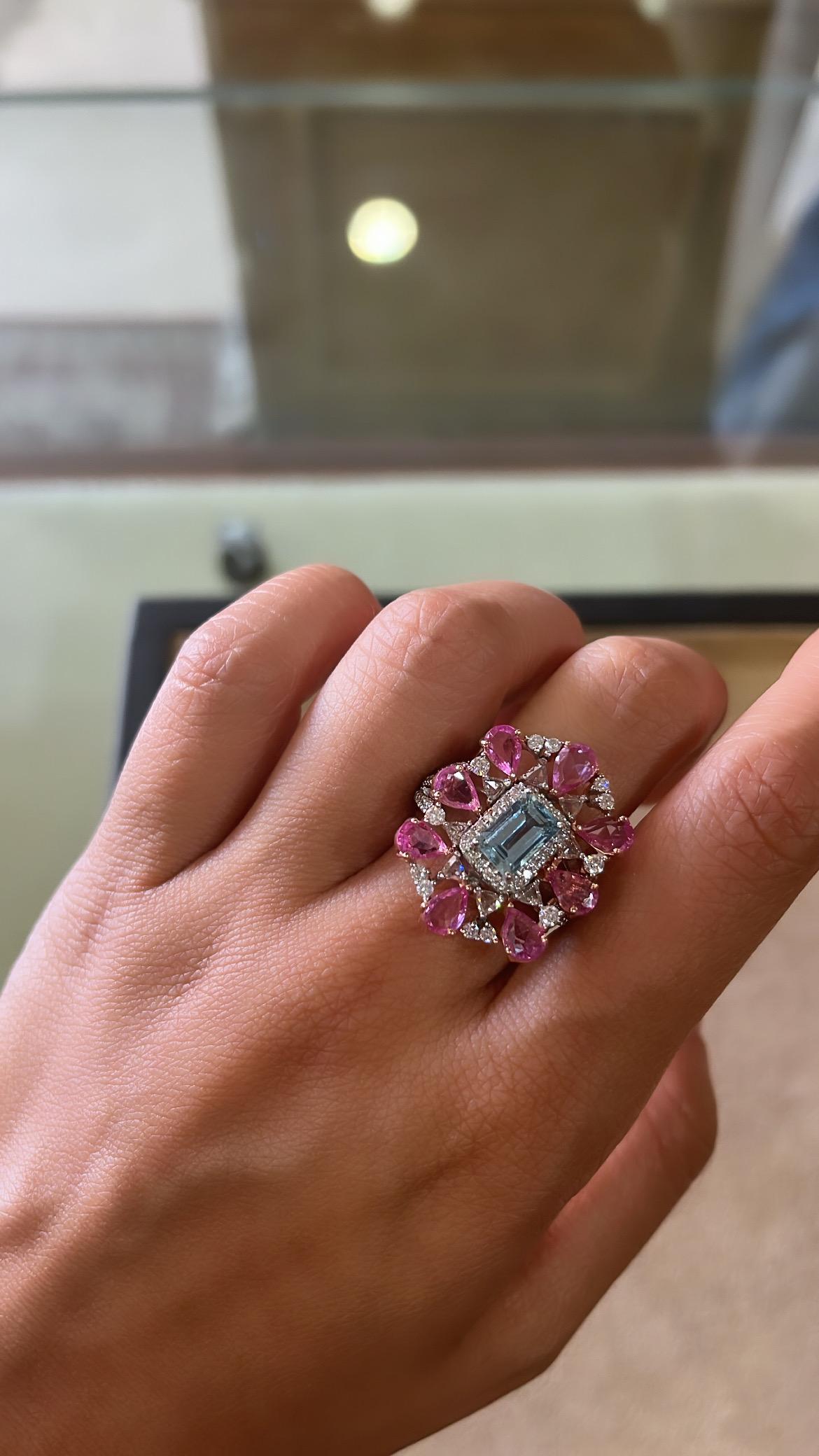 Natural Aquamarine, Pink Sapphires & Diamonds Cocktail Ring Set in 18K Gold 2