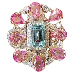 Natural Aquamarine, Pink Sapphires & Diamonds Cocktail Ring Set in 18K Gold