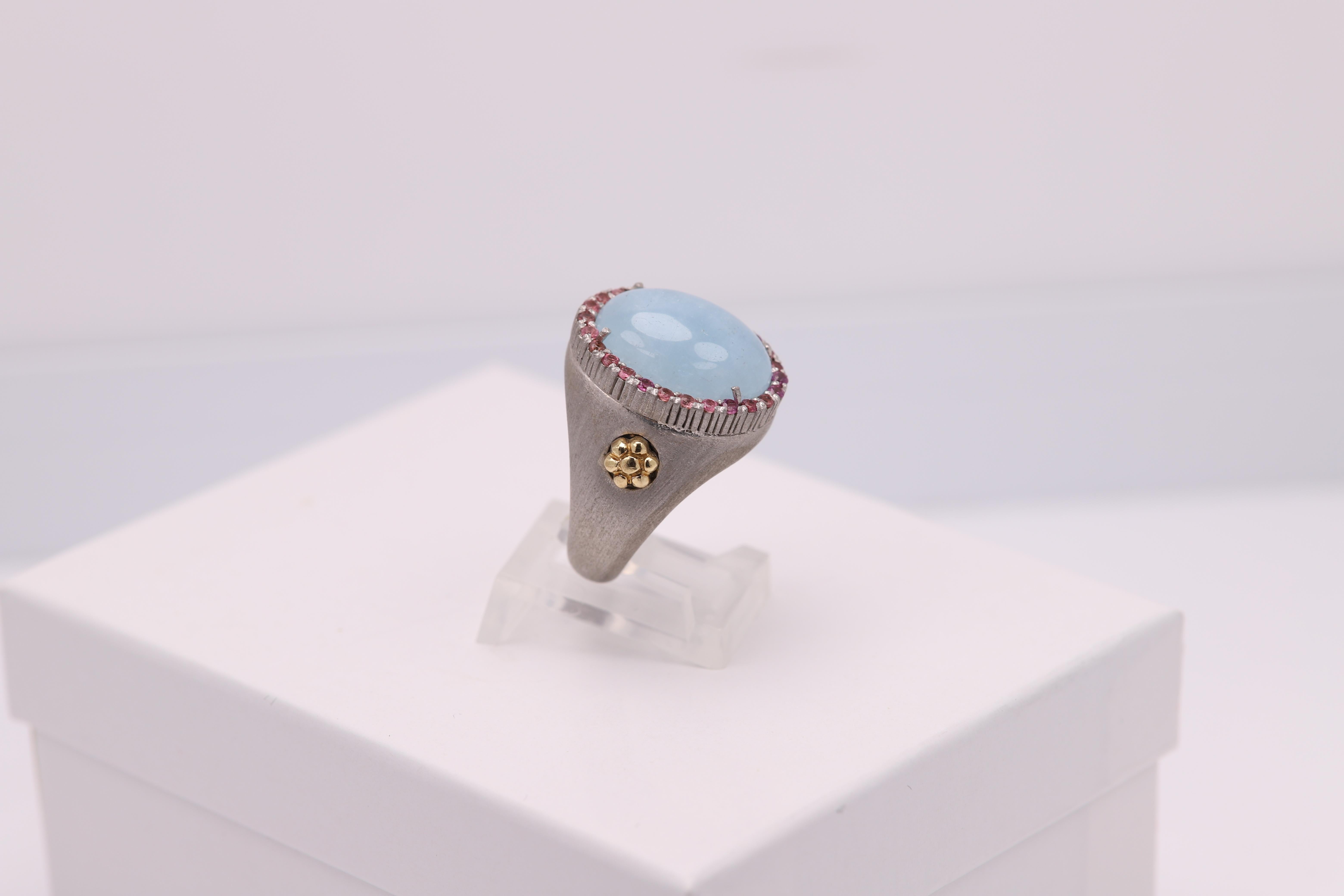 Natural Aquamarine Pink Tourmaline Ring Sterling Silver 925 and 18 Karat Gold In New Condition For Sale In Brooklyn, NY