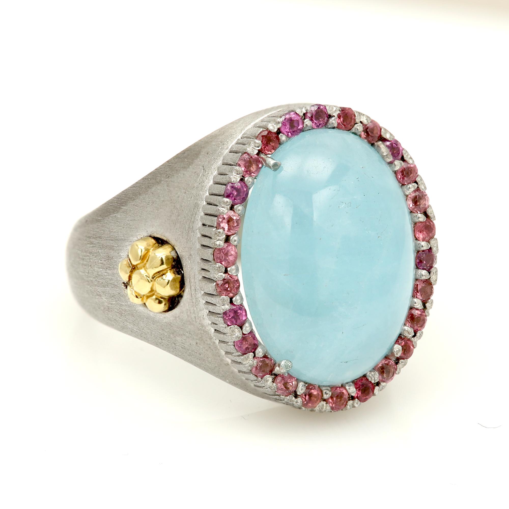 Natural Aquamarine Pink Tourmaline Ring Sterling Silver 925 and 18 Karat Gold en venta 2