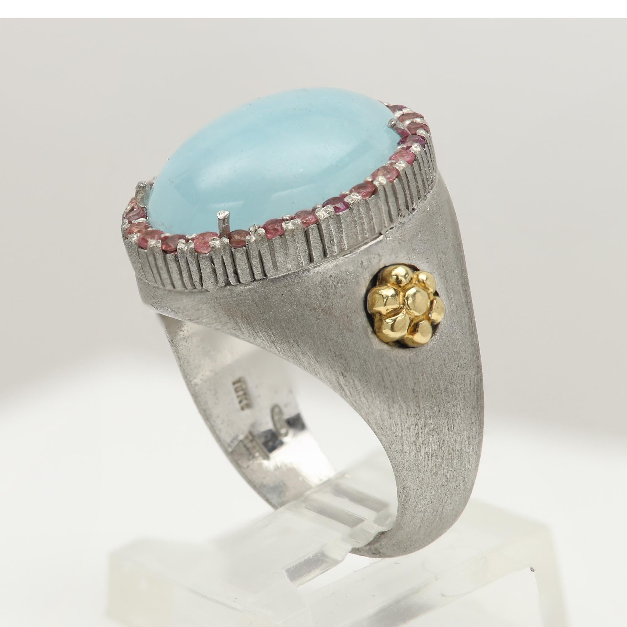 Natural Aquamarine Pink Tourmaline Ring Sterling Silver 925 and 18 Karat Gold en venta 3