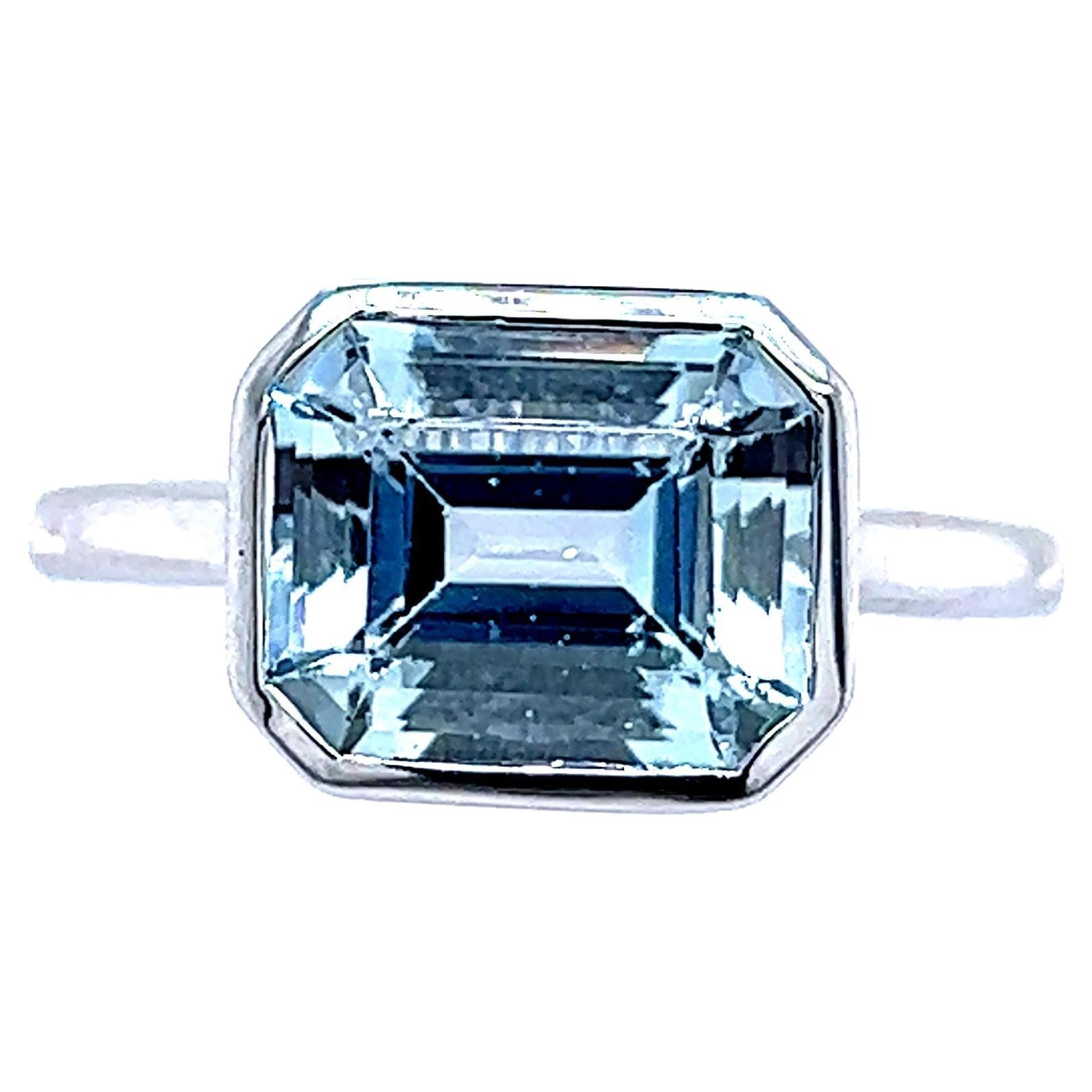 Natural Aquamarine Ring 6.5 14k White Gold 3.21 TCW Certified For Sale