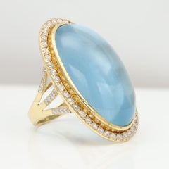 52 carat Natural Aquamarine Ring Cocktail Cabochon Large Blue Gem 18k