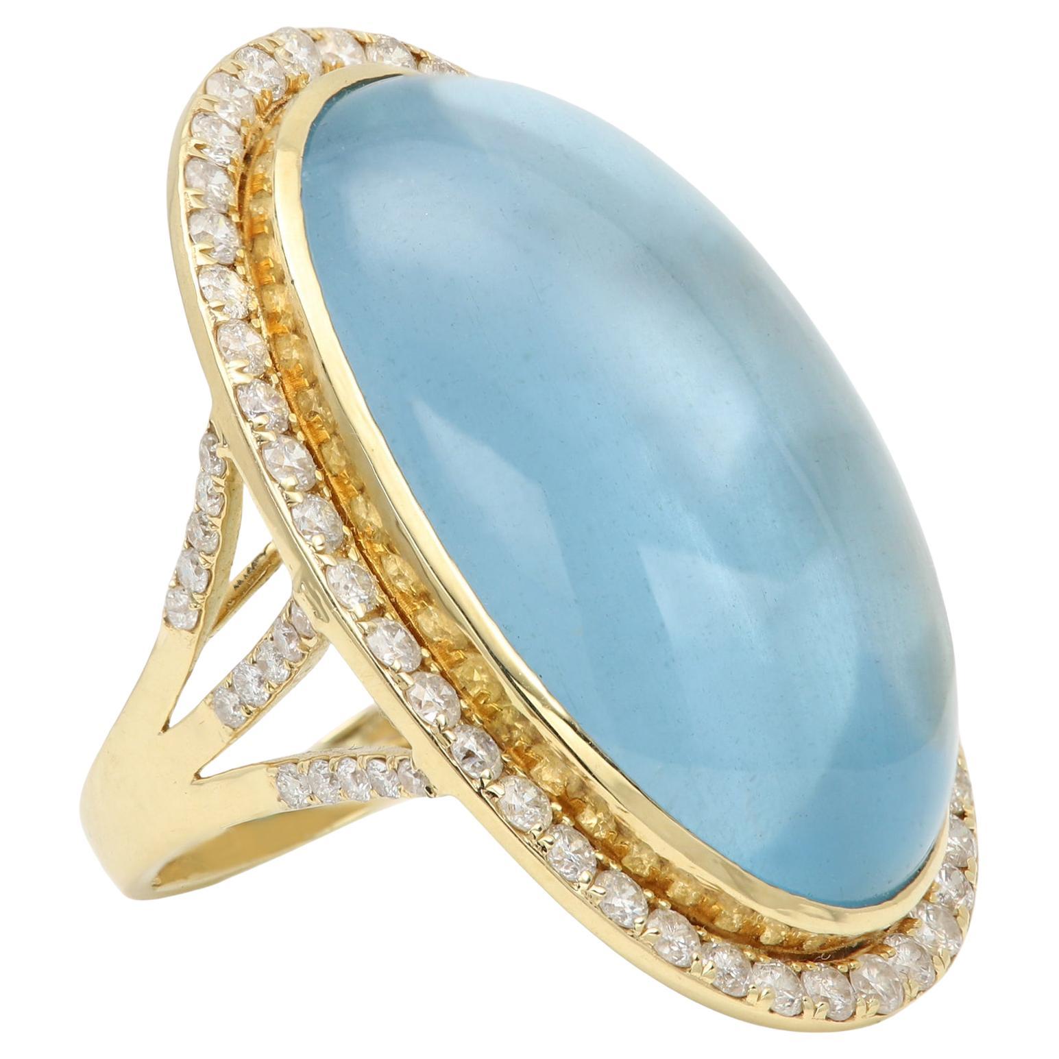 Natürlicher Aquamarin Ring Cocktail Cabochon 52,0 Karat großer blauer Edelstein 18k