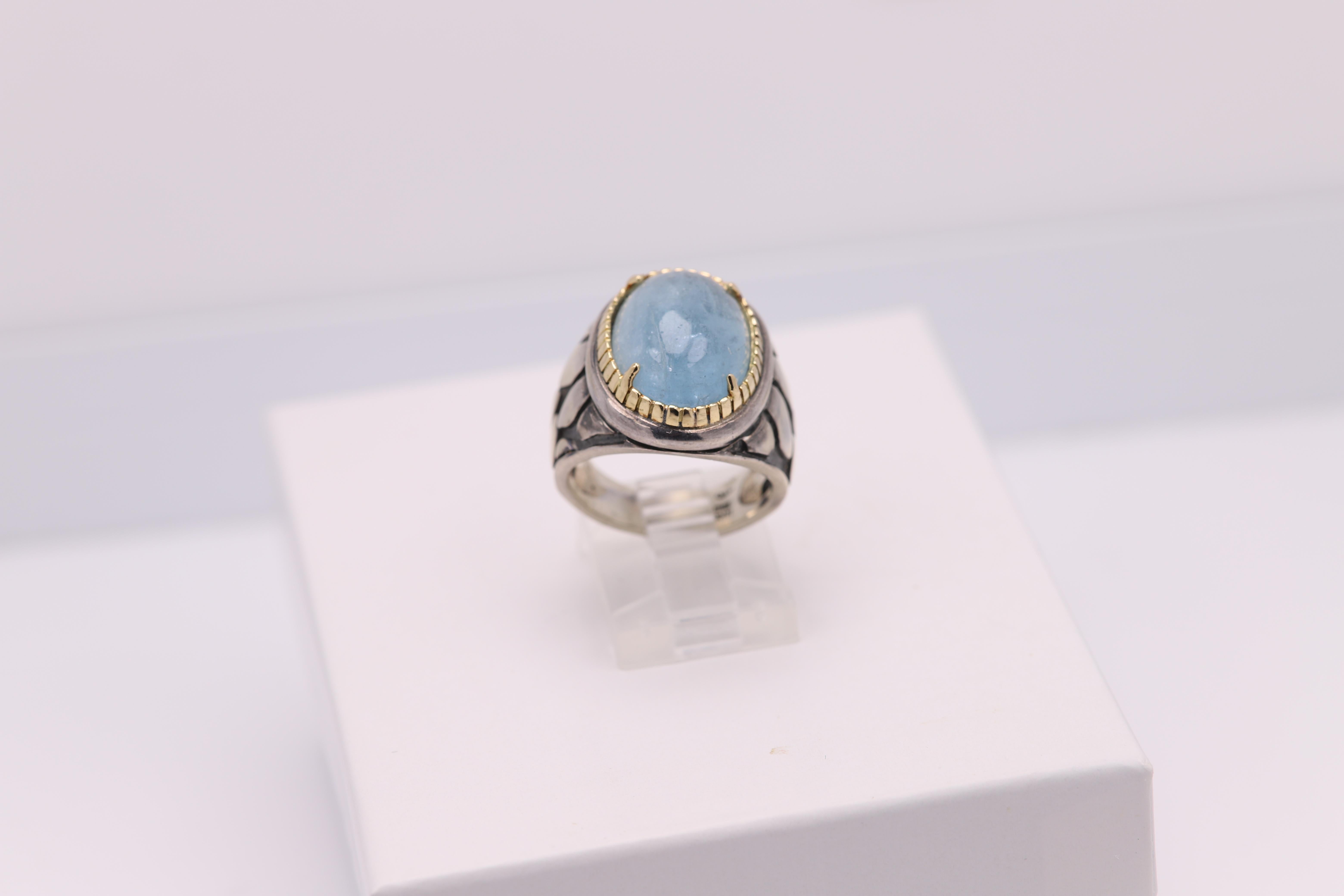 Natural Aquamarine Ring Silver and 18k Gold In New Condition For Sale In Brooklyn, NY