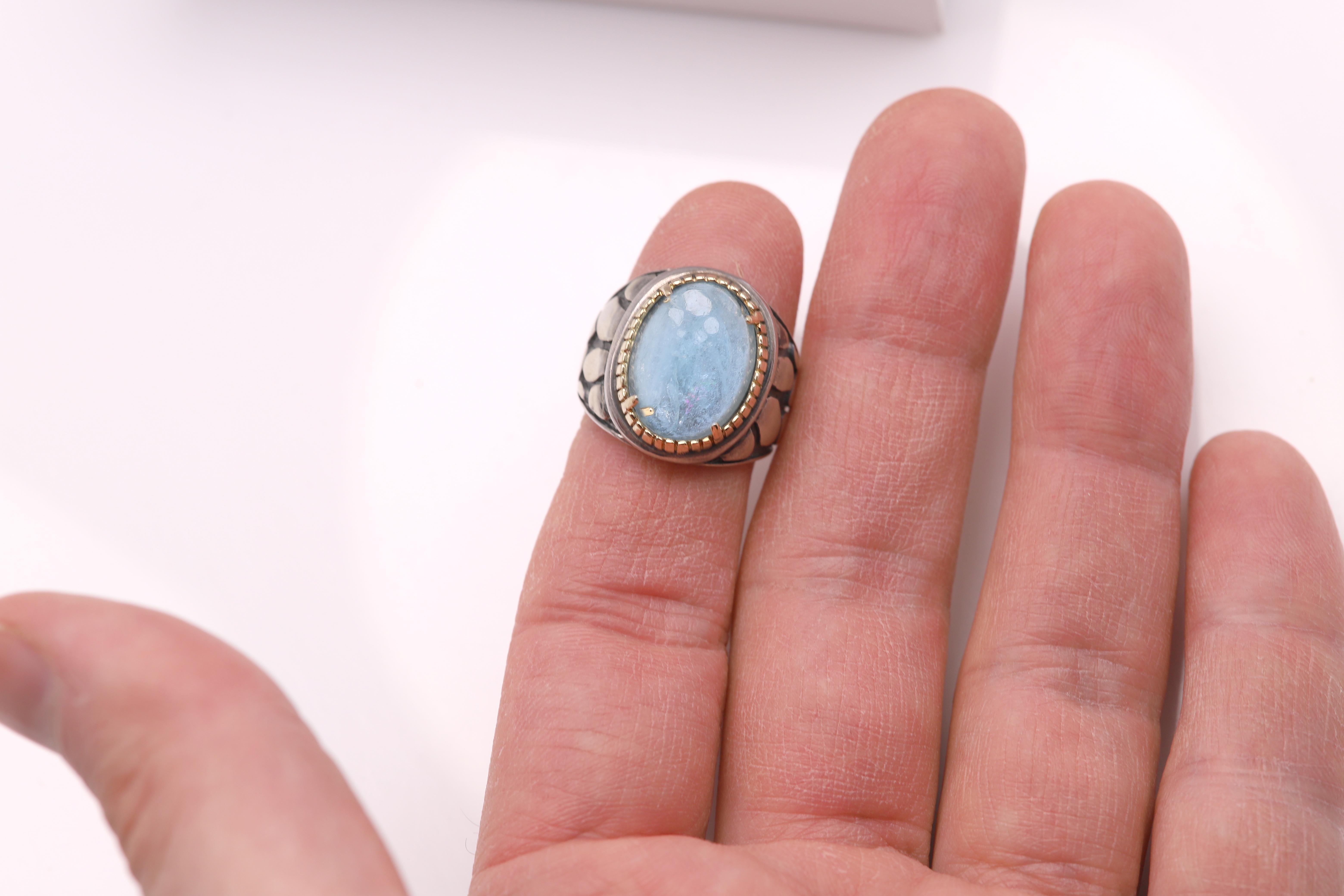 Women's or Men's Natural Aquamarine Ring Silver and 18k Gold For Sale
