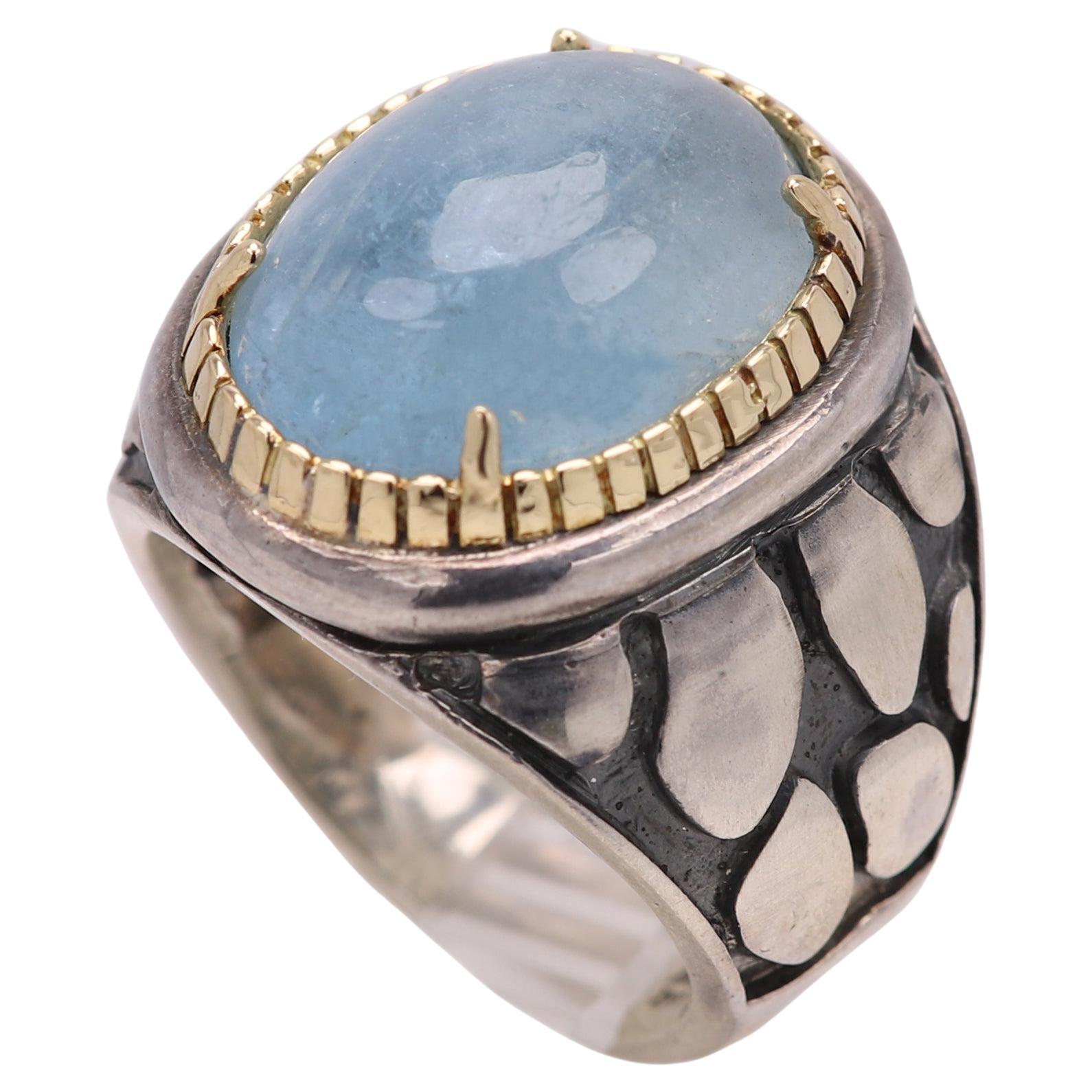 Natural Aquamarine Ring Silver and 18k Gold For Sale