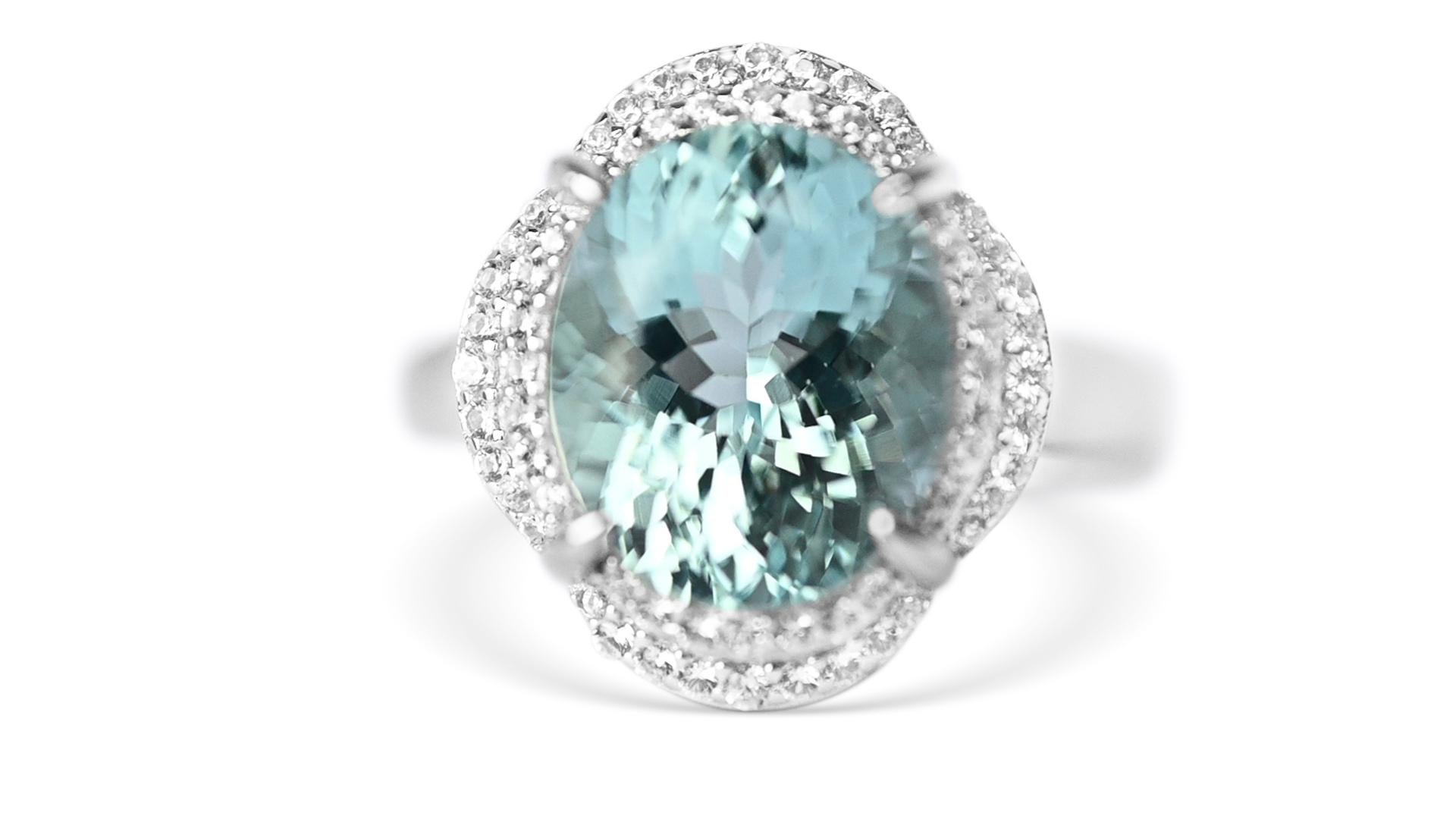 Art Deco Natural Aquamarine Ring- Sterling Silver Ring- Halo Aquamarine Engagement Ring For Sale