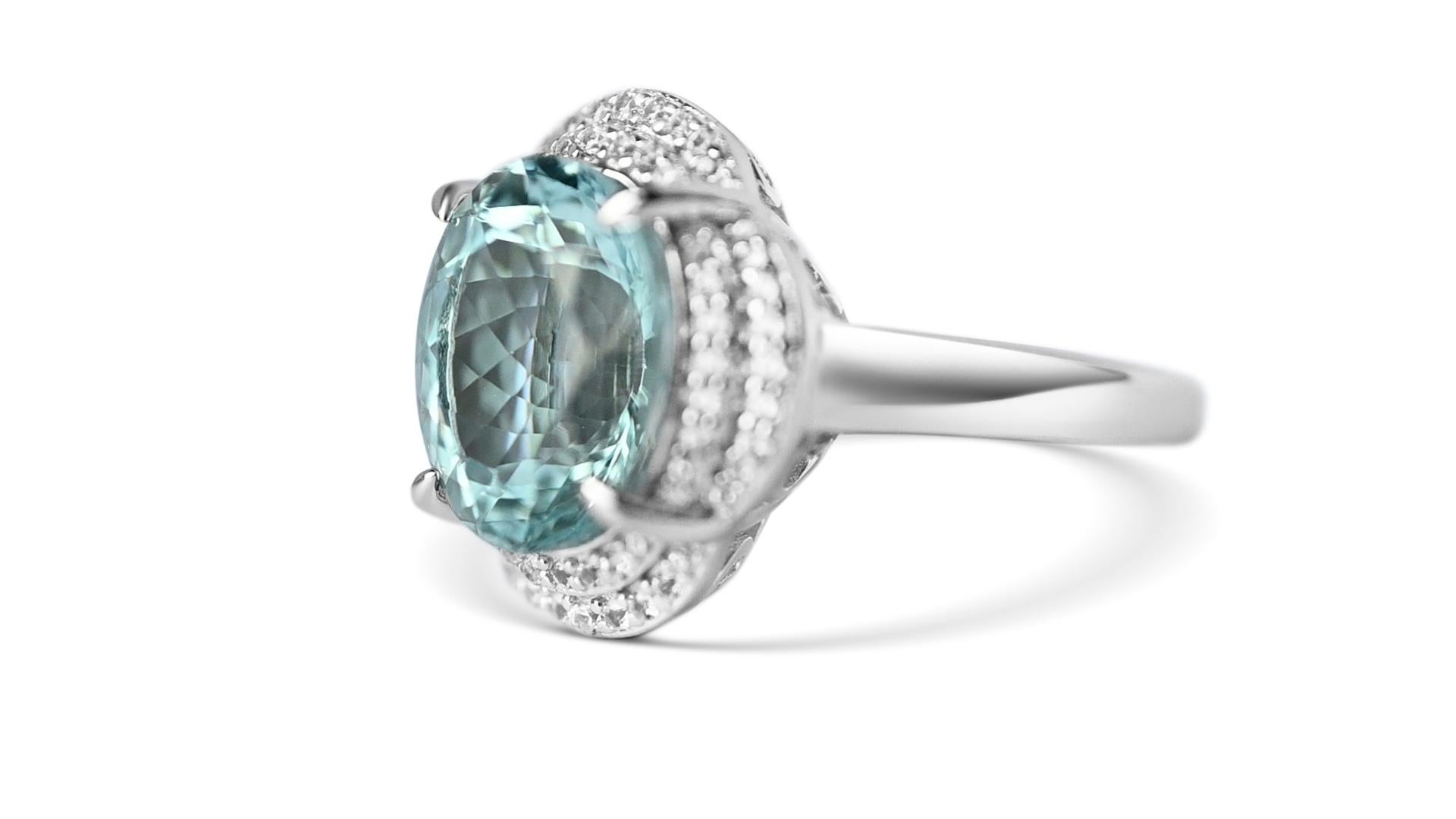 Oval Cut Natural Aquamarine Ring- Sterling Silver Ring- Halo Aquamarine Engagement Ring For Sale