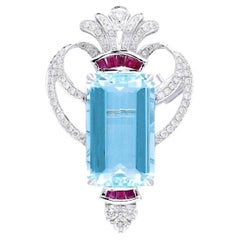 Natural Aquamarine ruby diamond brooch in 18k gold