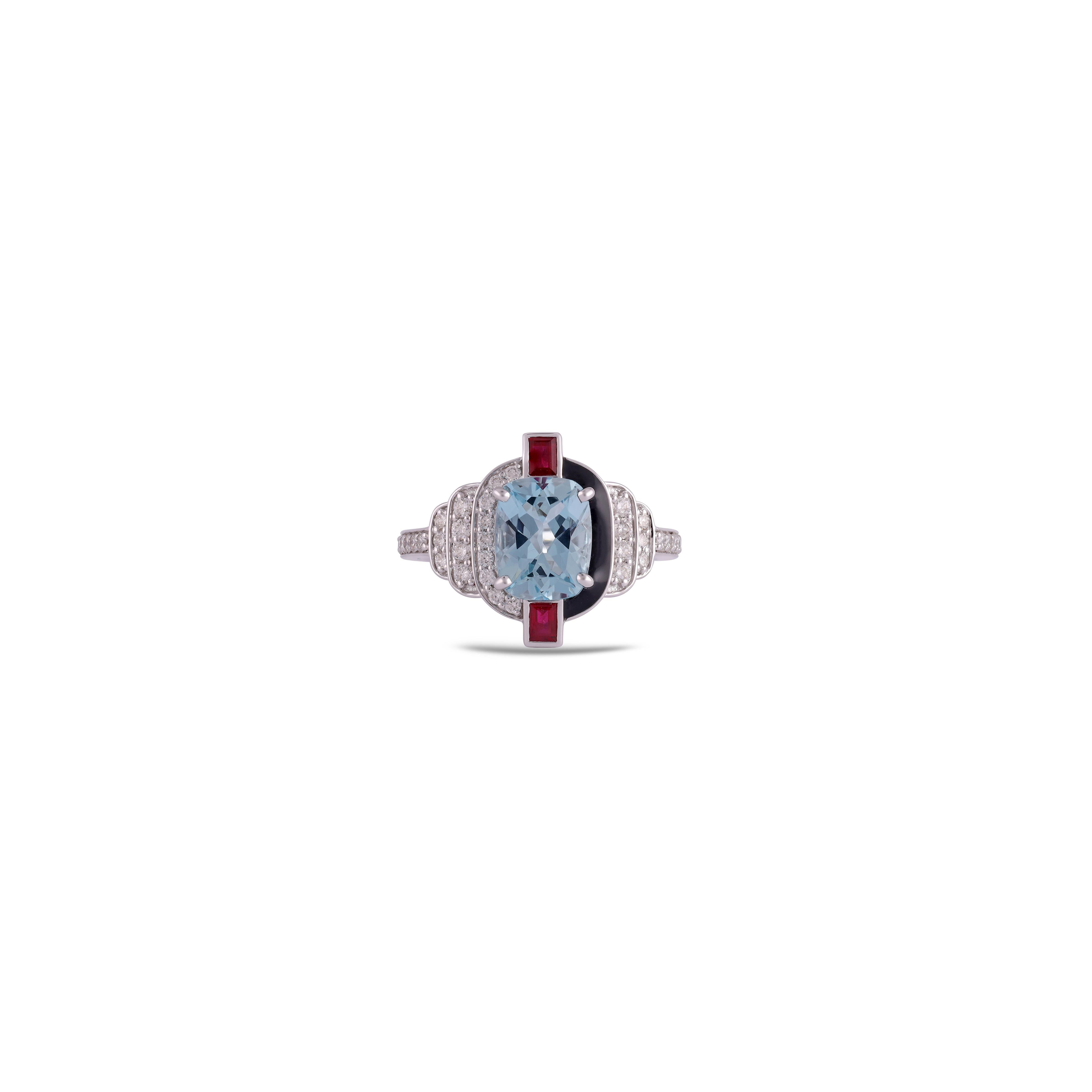 This is an elegant Aquamarine, Ruby & Diamond ring studded in 18k White gold features a fine quality of  Aquamarine 2.00 carats & Ruby 0.22 Carat with 35 Diamond 0.44 carats.
This entire ring is made in 18k White gold
 It is a classic ring.  
Custom