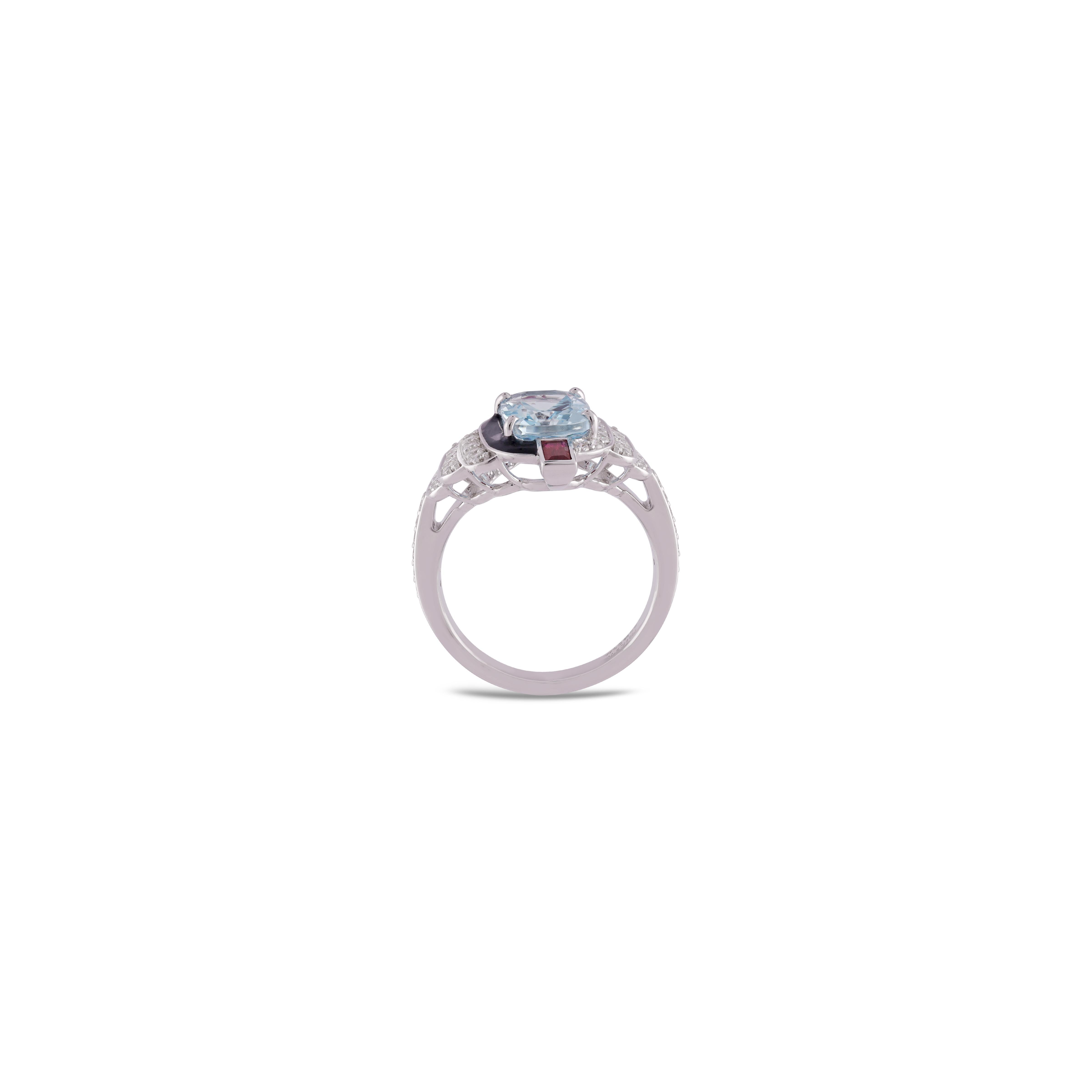 Contemporary Natural Aquamarine, Ruby & Diamond  Ring in 18k White Gold For Sale
