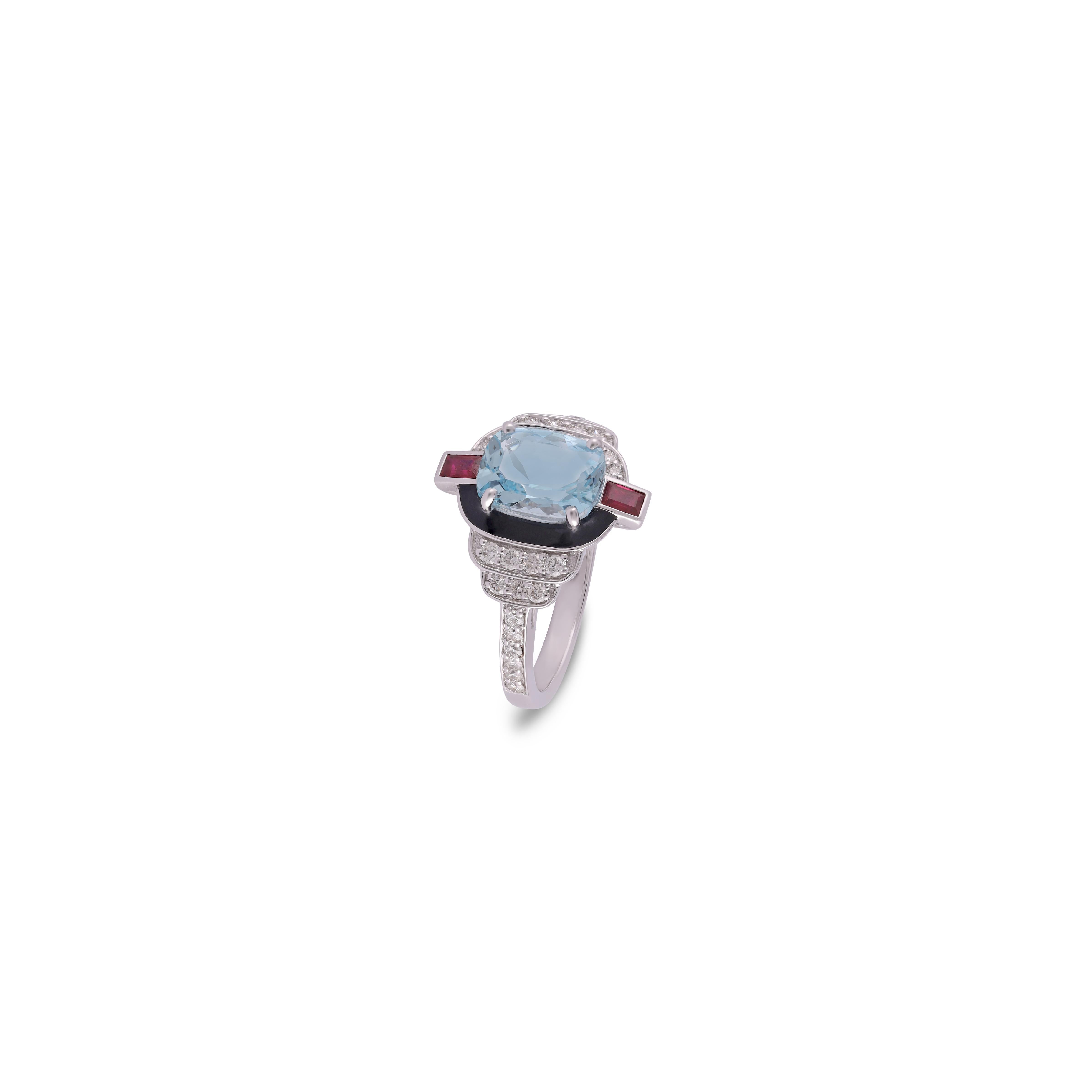 Square Cut Natural Aquamarine, Ruby & Diamond  Ring in 18k White Gold For Sale