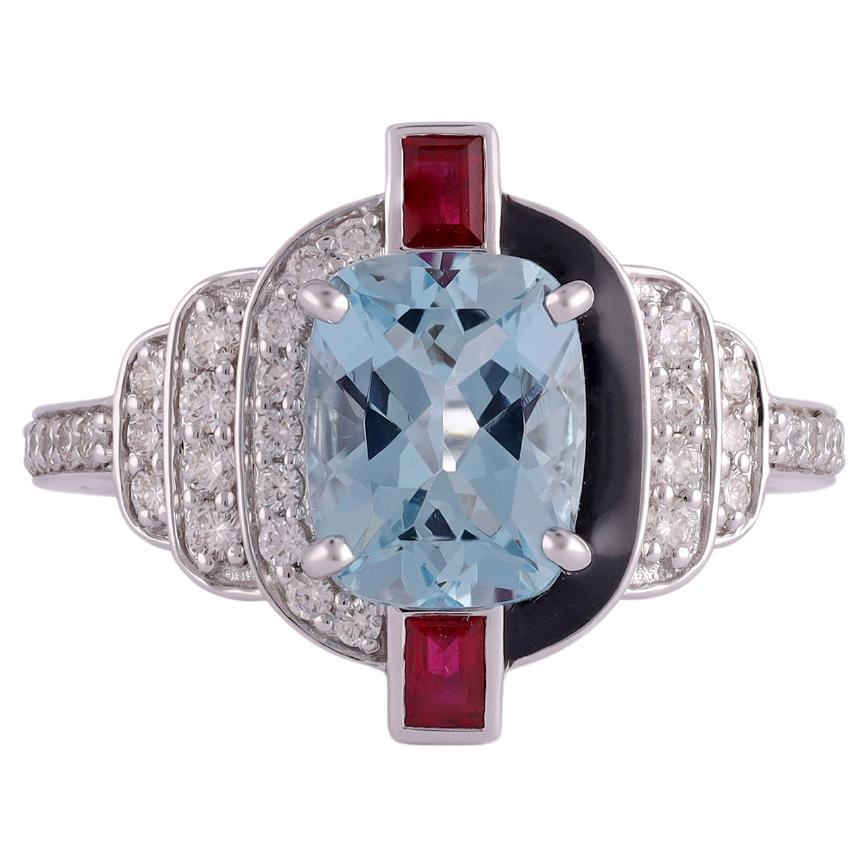 Natural Aquamarine, Ruby & Diamond  Ring in 18k White Gold For Sale