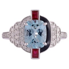 Natural Aquamarine, Ruby & Diamond  Ring in 18k White Gold