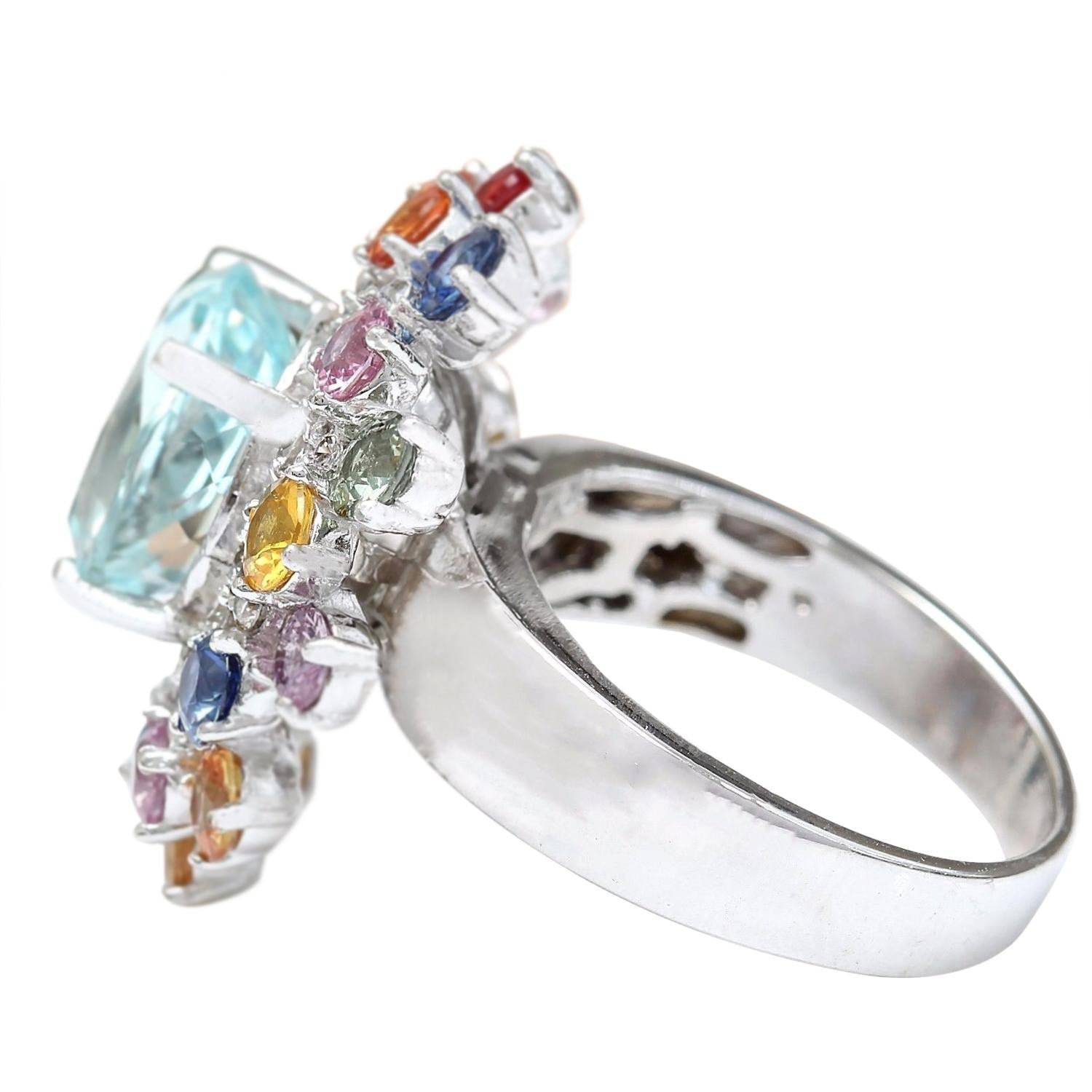 Modern Exquisite Natural Aquamarine, Sapphire, and Diamond Ring in 14K Solid White Gold For Sale