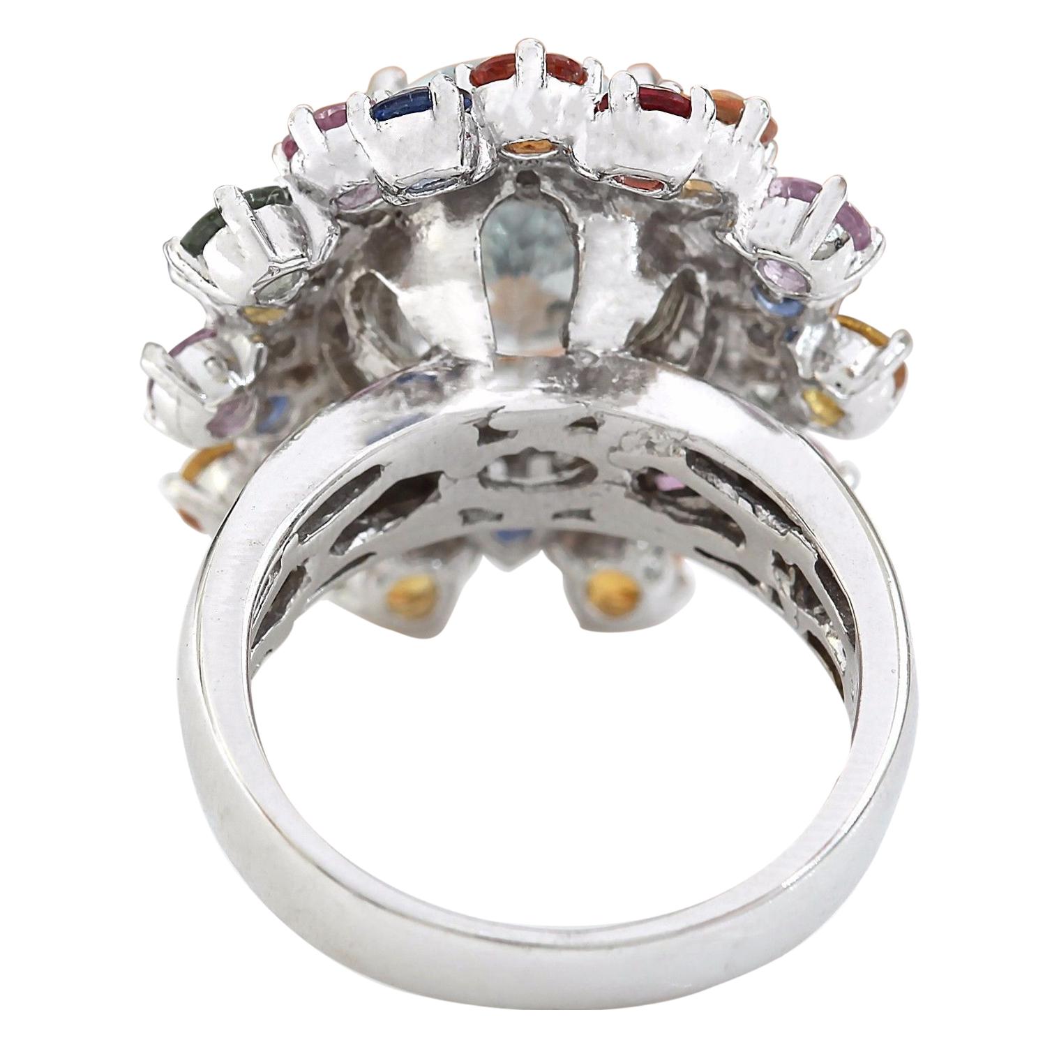 Exquisiter Ring aus 14 Karat massivem Weißgold mit natürlichem Aquamarin, Saphir und Diamant (Ovalschliff) im Angebot