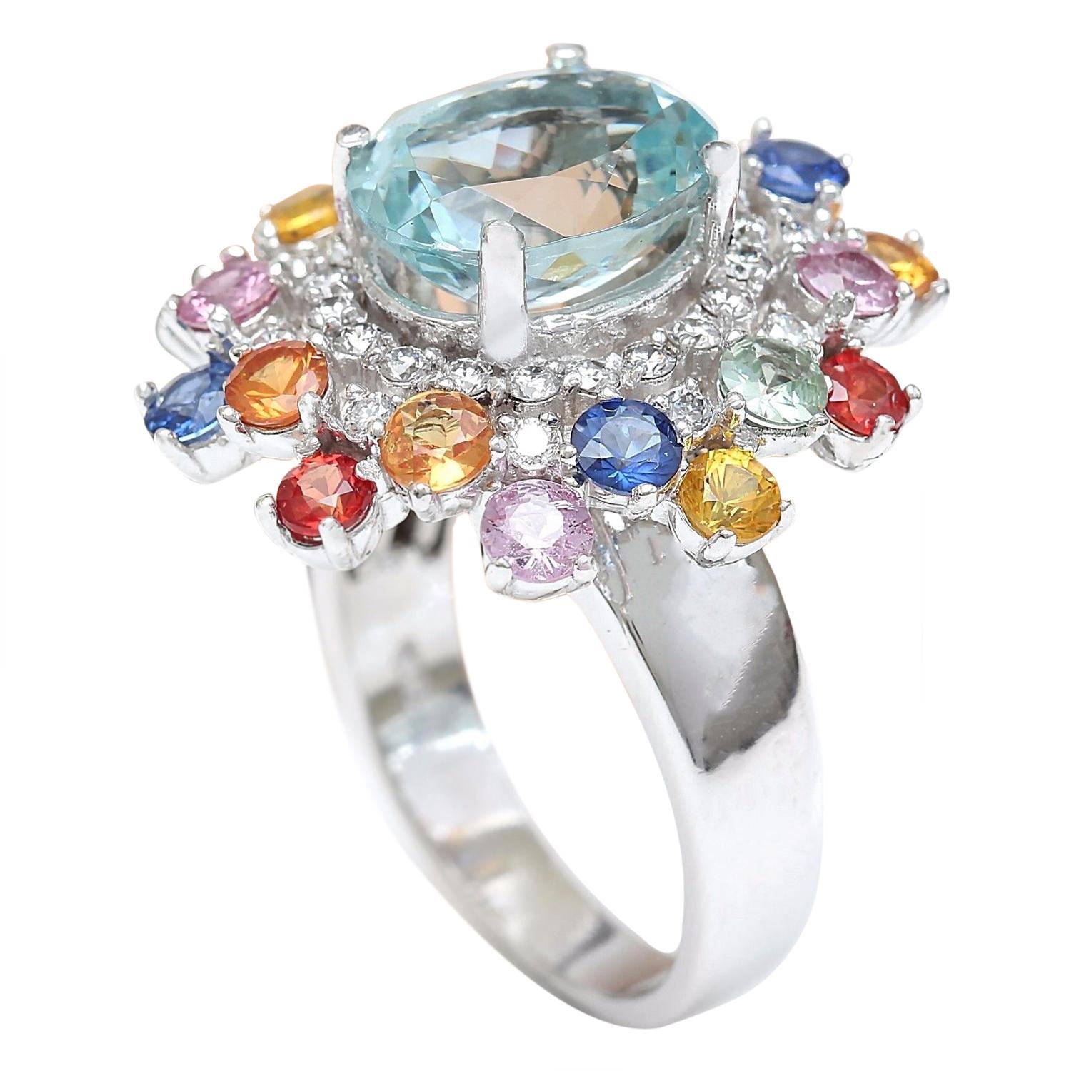 Exquisite Natural Aquamarine, Sapphire, and Diamond Ring in 14K Solid White Gold In New Condition For Sale In Los Angeles, CA