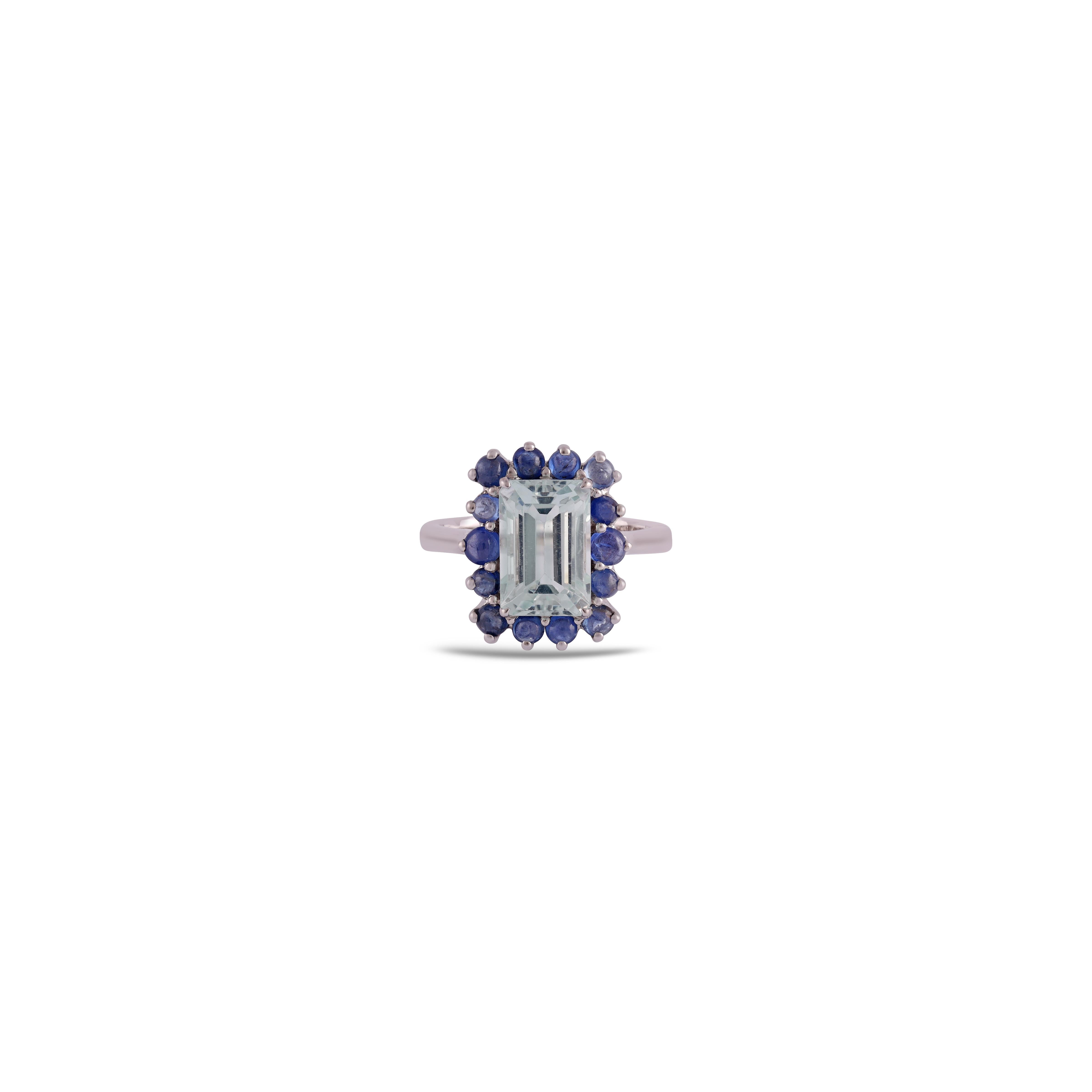 This is an elegant Aquamarine & Sapphire  ring studded in 18k White gold features a fine quality of  Aquamarine 3.35 carats with Sapphire 0.97 carats.
This entire ring is made in 18k White gold
 It is a classic ring.  
Custom Services
Resizing is