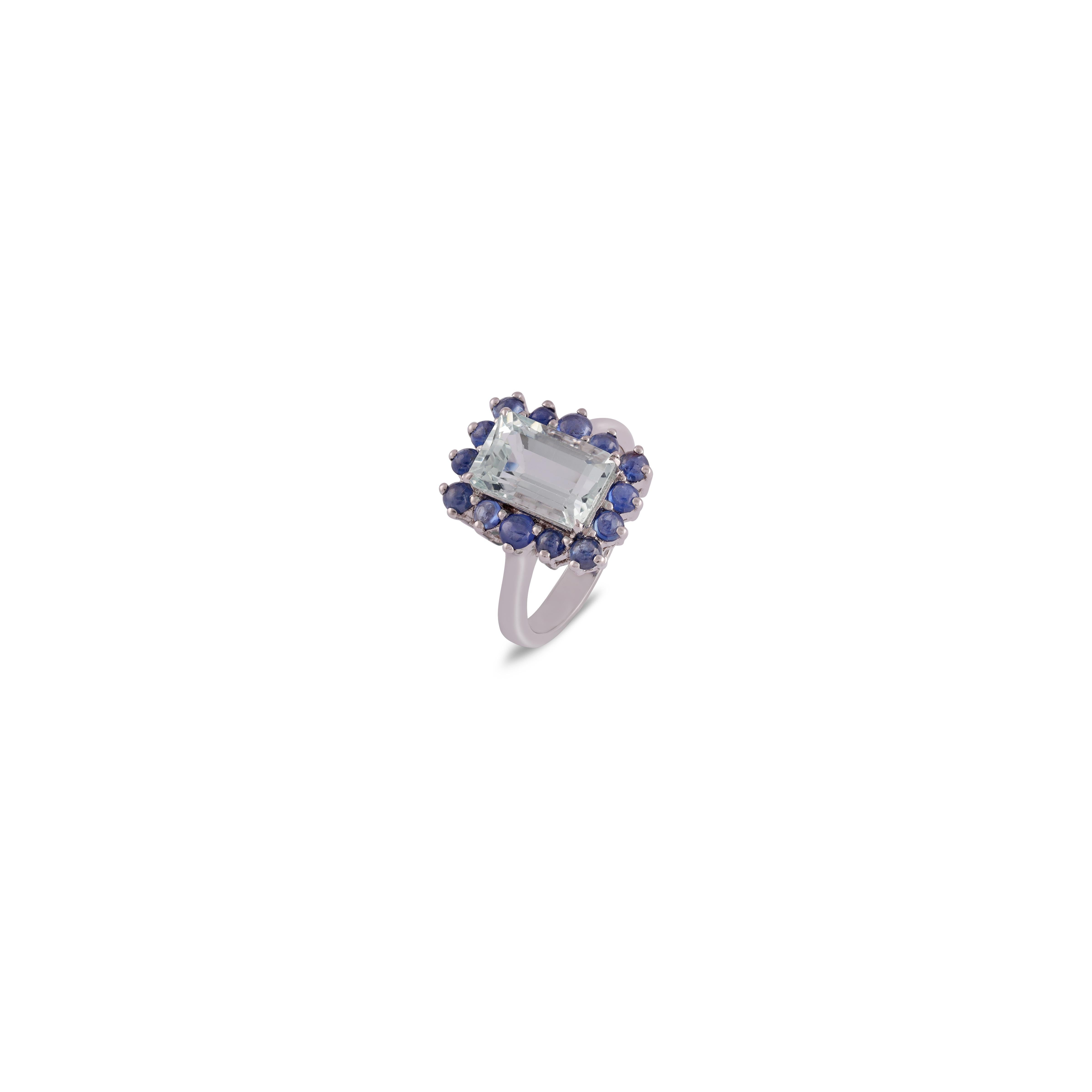Square Cut Natural Aquamarine & Sapphire  Ring in 18k White Gold For Sale
