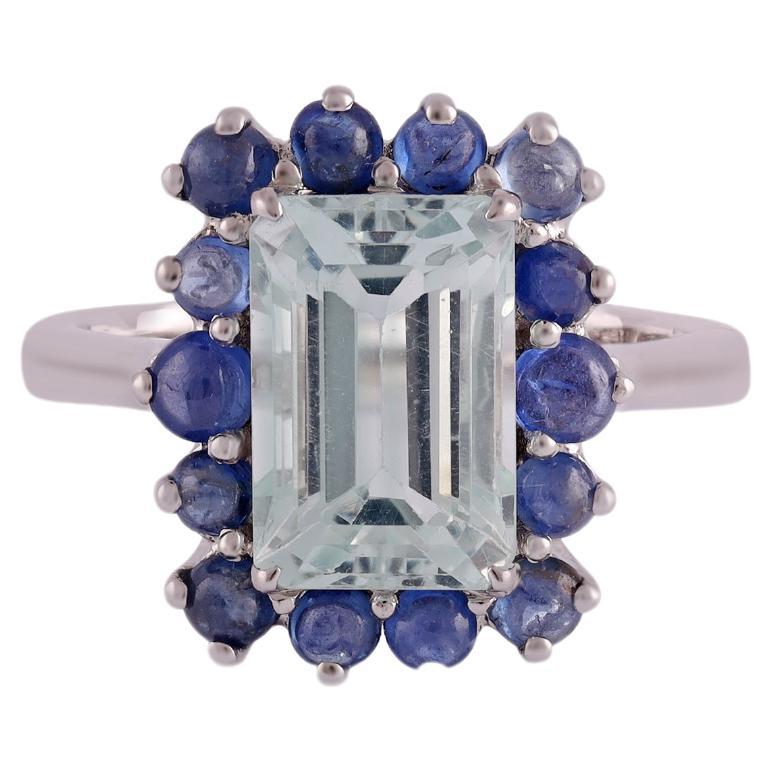 Natural Aquamarine & Sapphire  Ring in 18k White Gold For Sale