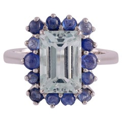 Natural Aquamarine & Sapphire  Ring in 18k White Gold