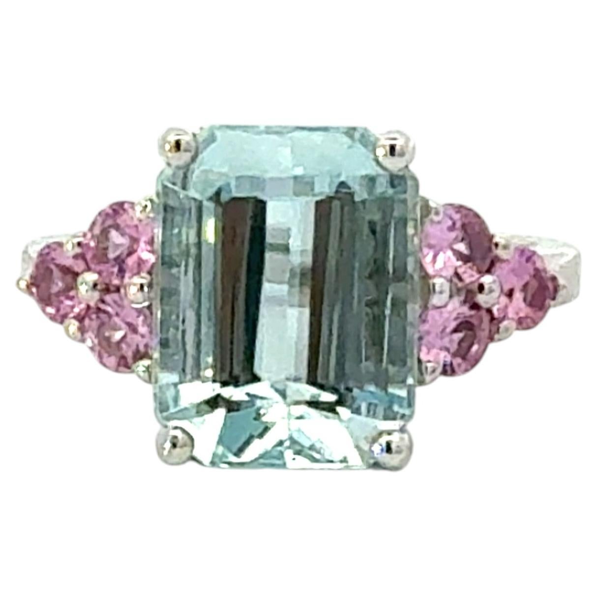 Bague aigue-marine naturelle saphir Taille 6.5 Or blanc 14k 5.14 TCW Certified