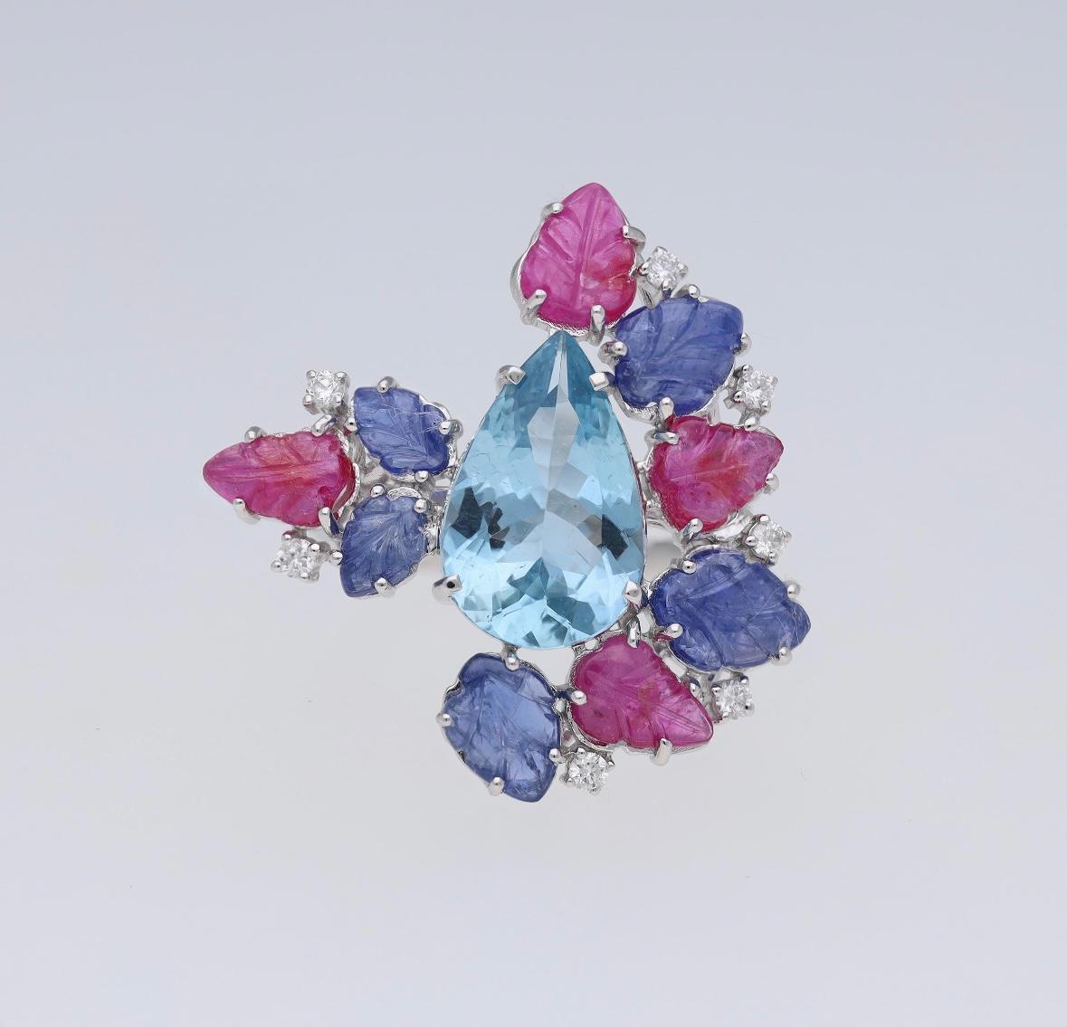 Natürlicher Aquamarin Saphir Rubin Diamant Ring in 18k Gold (Gemischter Schliff) im Angebot