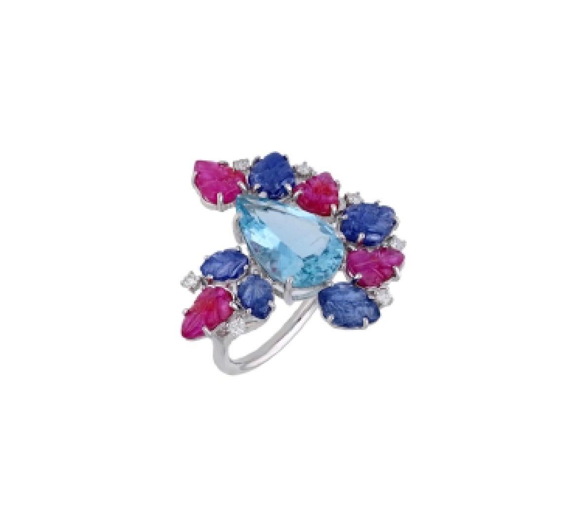 Natürlicher Aquamarin Saphir Rubin Diamant Ring in 18k Gold im Zustand „Neu“ im Angebot in jaipur, IN