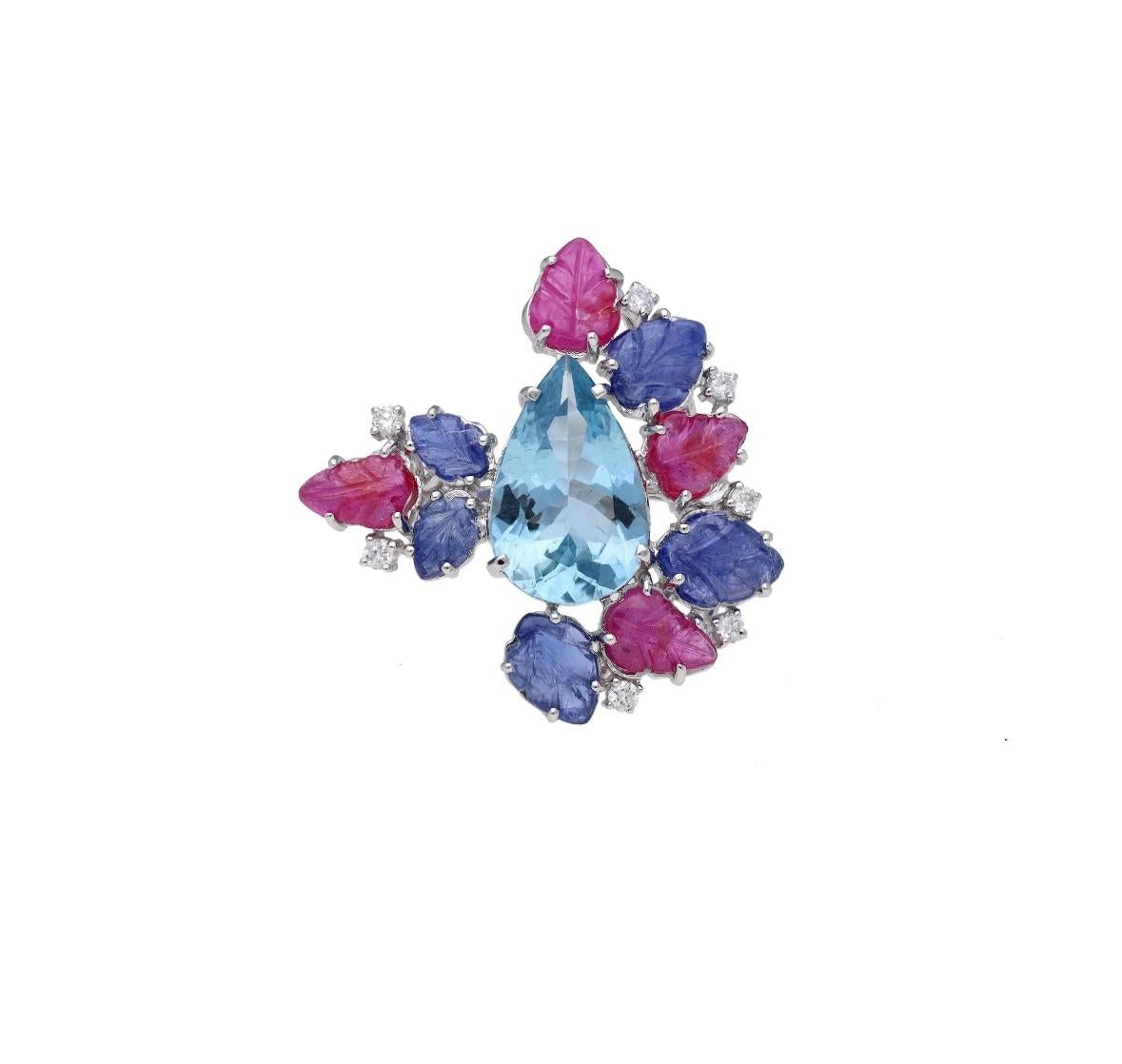 Natürlicher Aquamarin Saphir Rubin Diamant Ring in 18k Gold Damen im Angebot