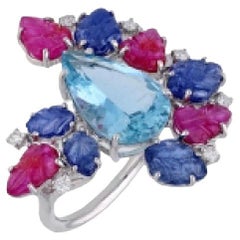 Natural Aquamarine sapphire ruby diamond ring in 18k gold